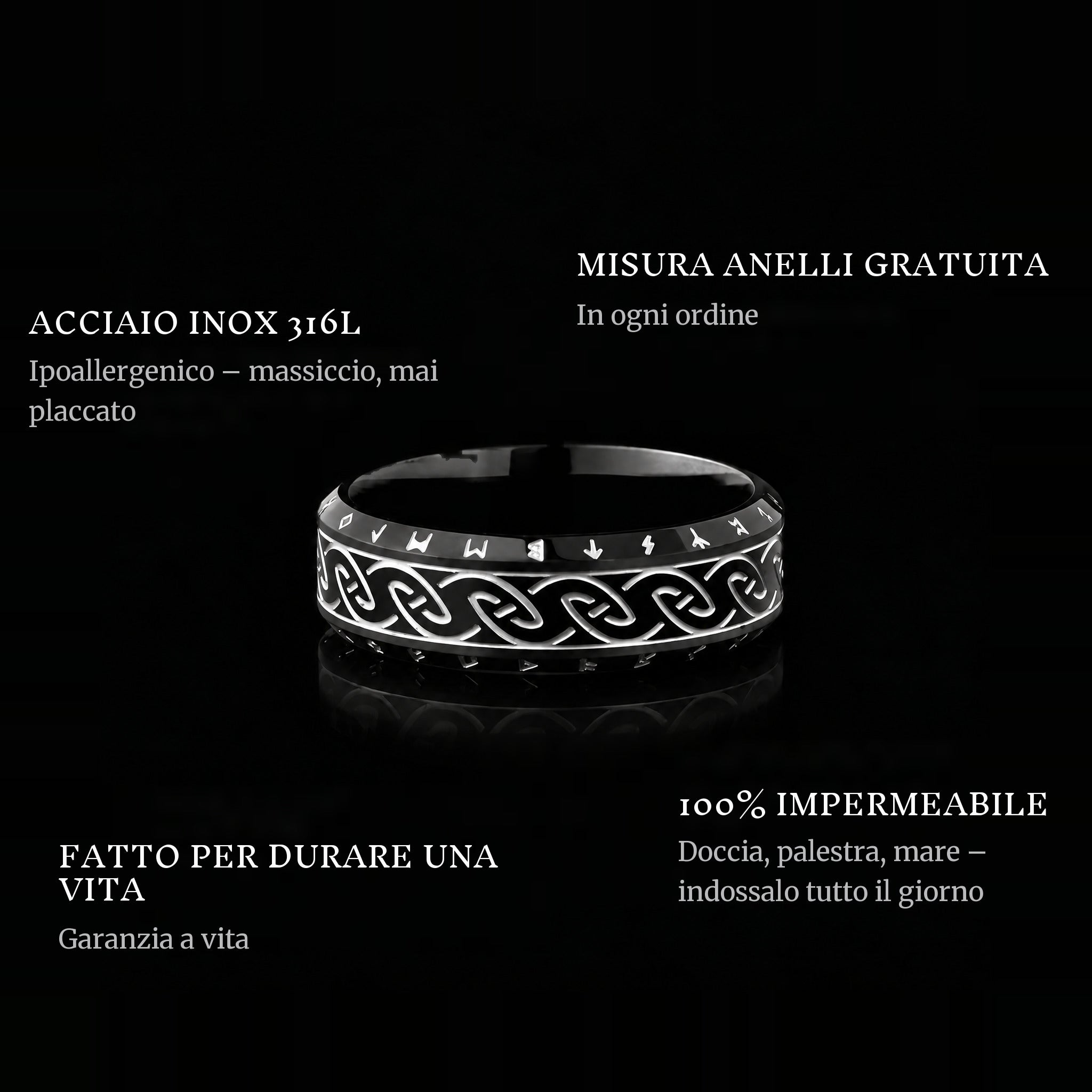 Nordic Black ring features: 316L stainless steel, free ring sizer in every order, 100% waterproof, lifetime guarantee