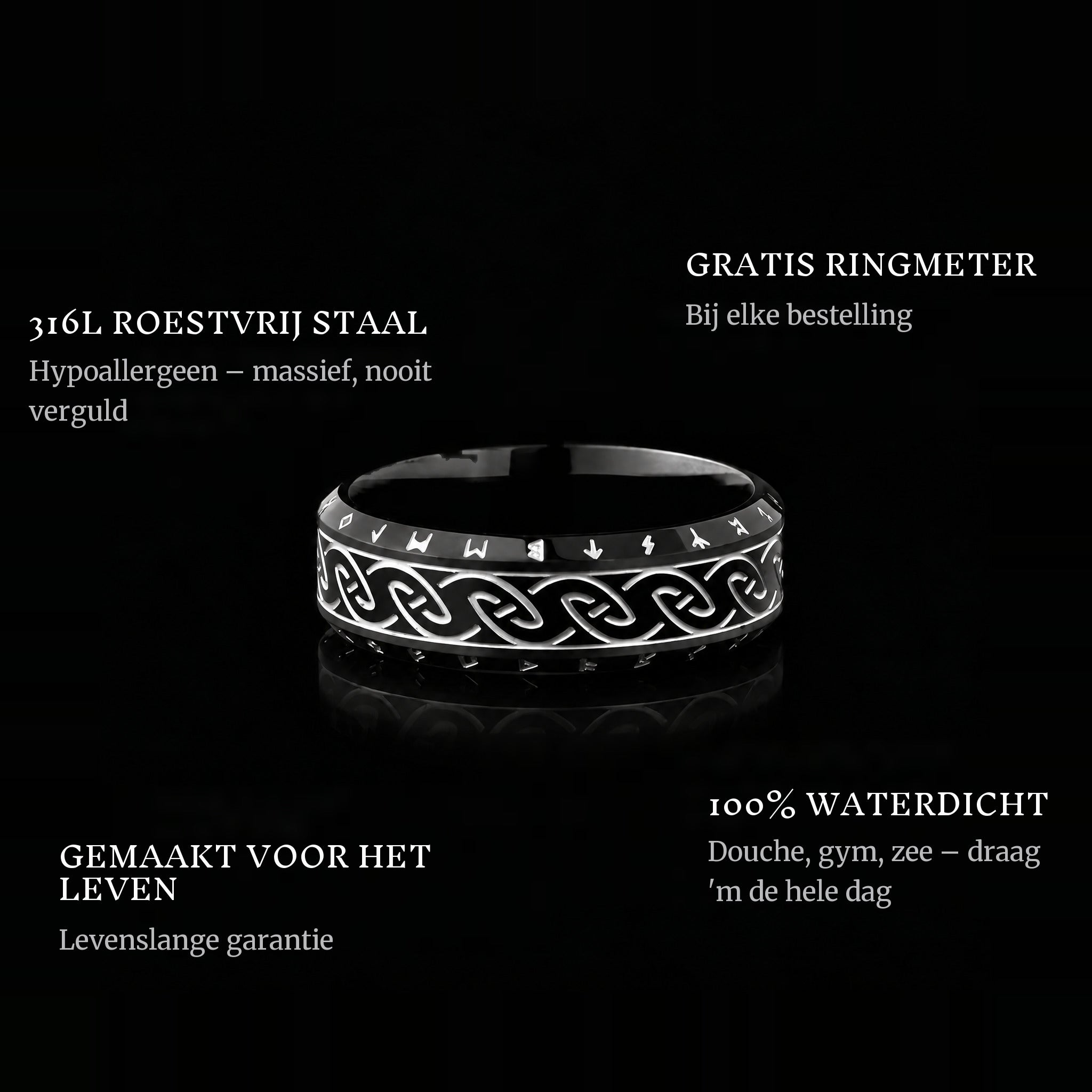 Nordic Black ring features: 316L stainless steel, free ring sizer in every order, 100% waterproof, lifetime guarantee