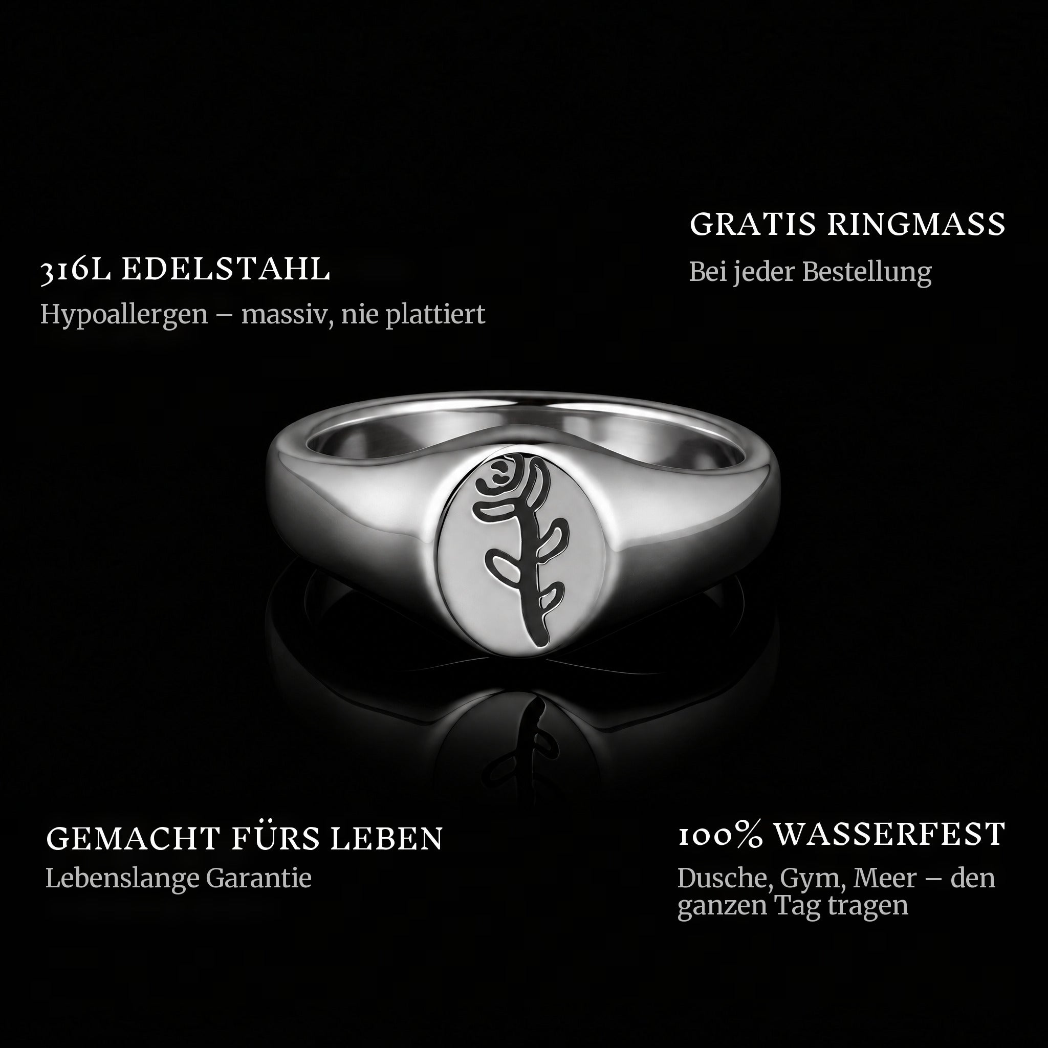 Rose ring features: 316L stainless steel, free ring sizer in every order, 100% waterproof, lifetime guarantee