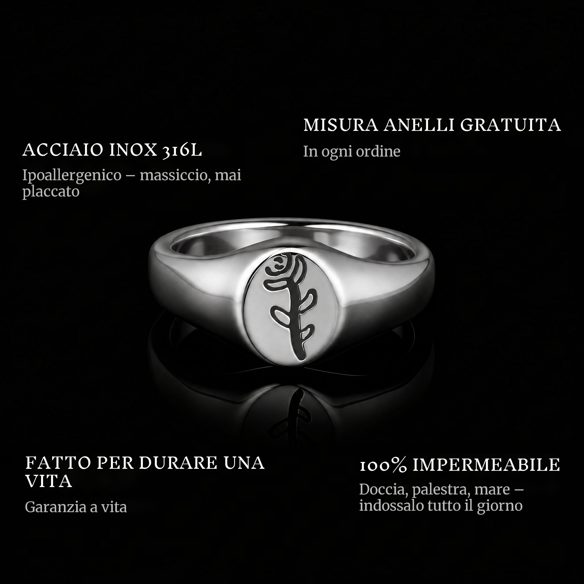 Rose ring features: 316L stainless steel, free ring sizer in every order, 100% waterproof, lifetime guarantee