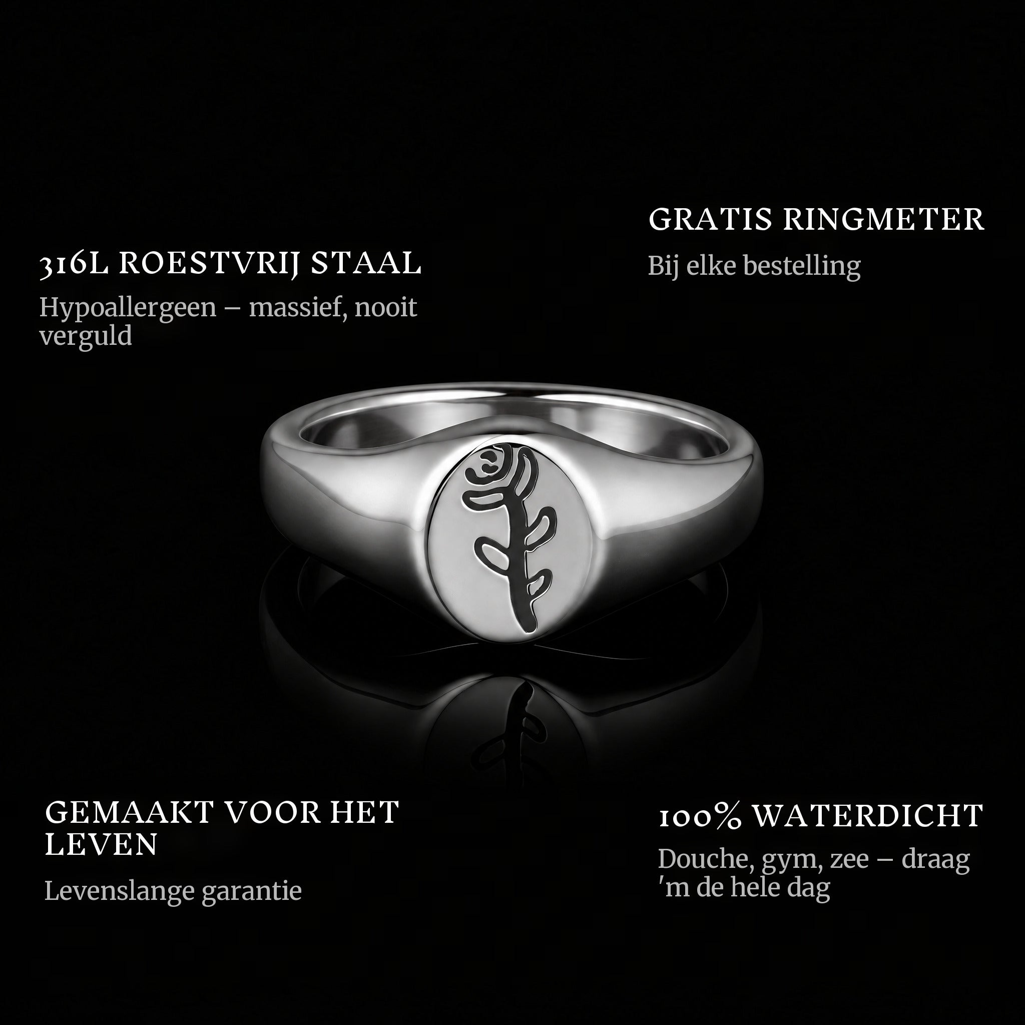 Rose ring features: 316L stainless steel, free ring sizer in every order, 100% waterproof, lifetime guarantee