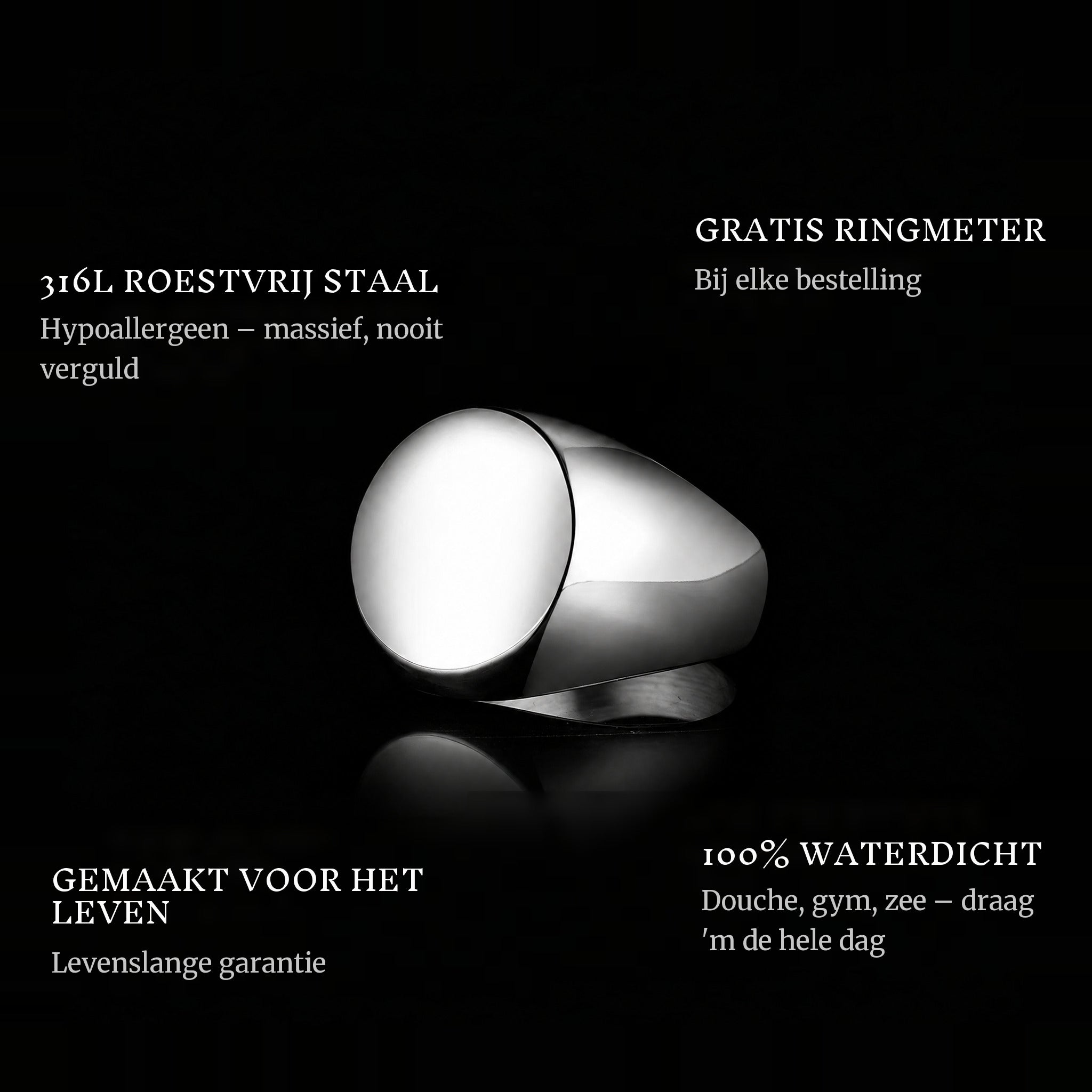 Round ring features: 316L stainless steel, free ring sizer in every order, 100% waterproof, lifetime guarantee