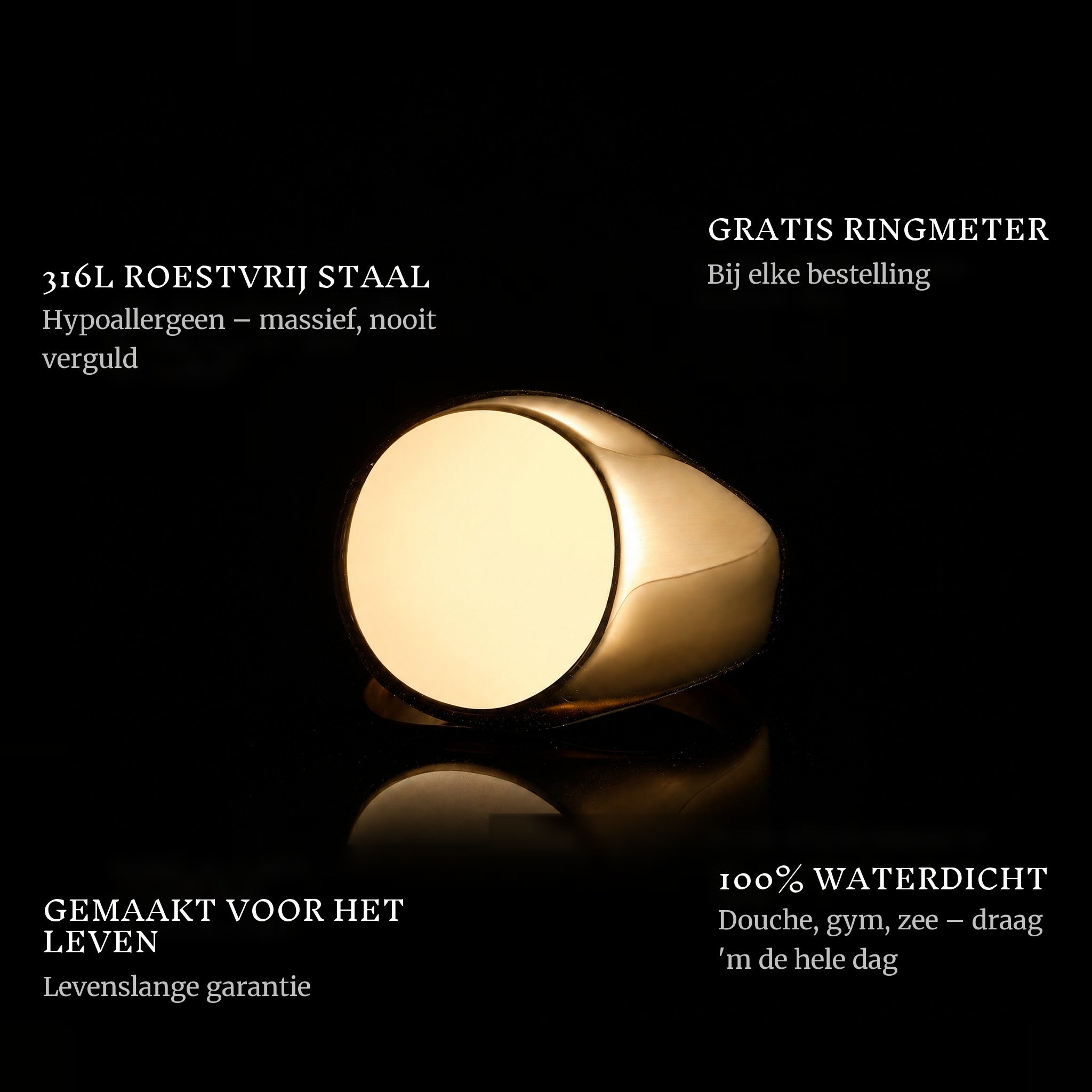 Round Gold ring features: 316L stainless steel, free ring sizer in every order, 100% waterproof, lifetime guarantee