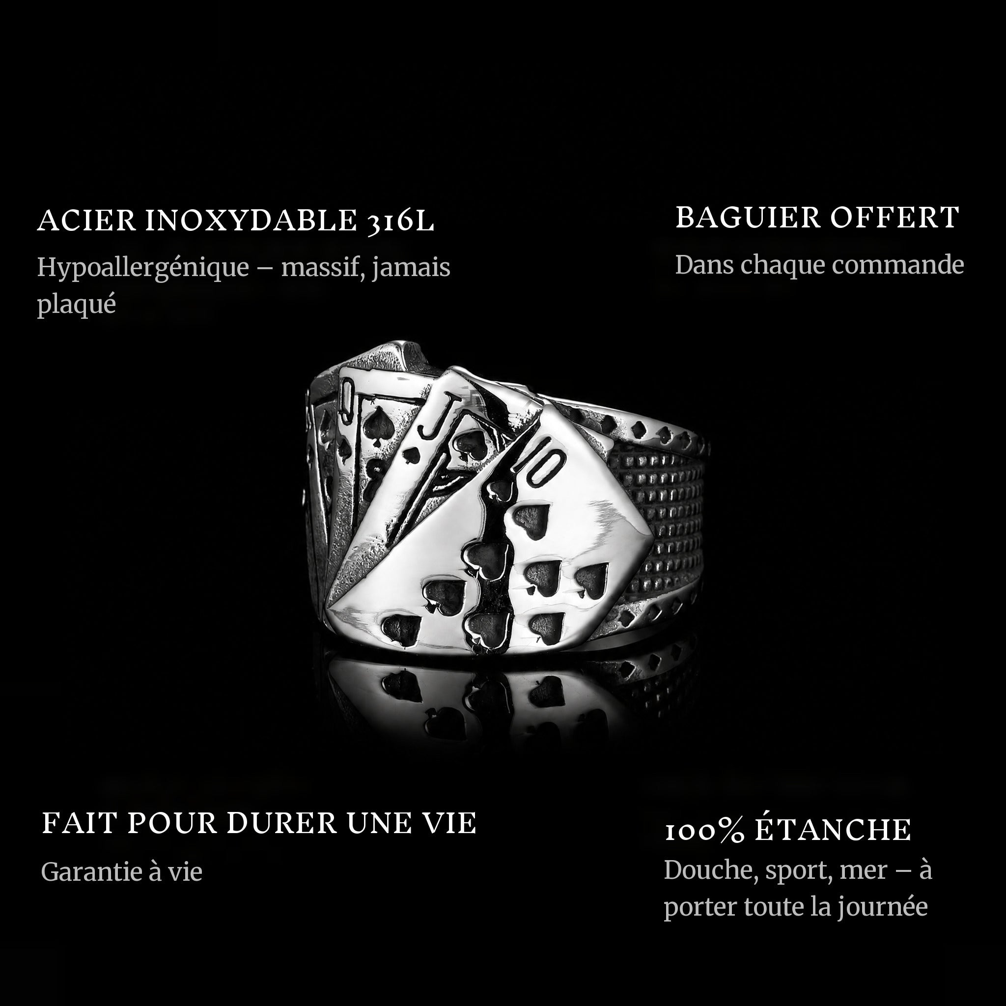 Royal Flush ring features: 316L stainless steel, free ring sizer in every order, 100% waterproof, lifetime guarantee