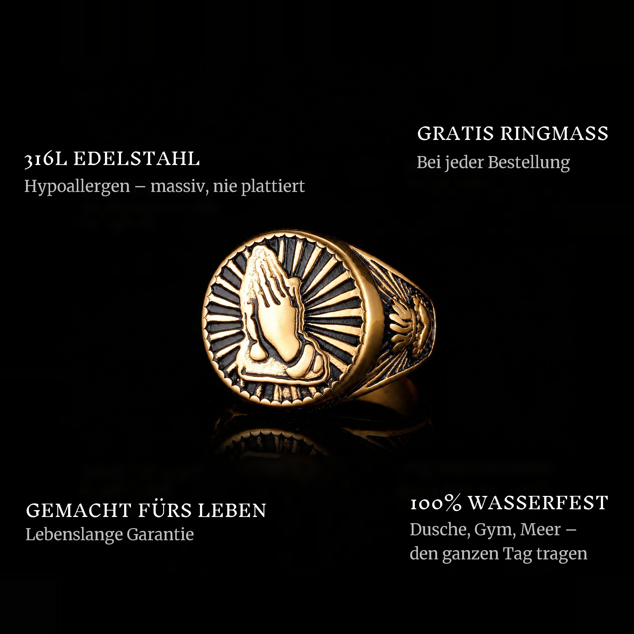 Sacred Gold ring features: 316L stainless steel, free ring sizer in every order, 100% waterproof, lifetime guarantee
