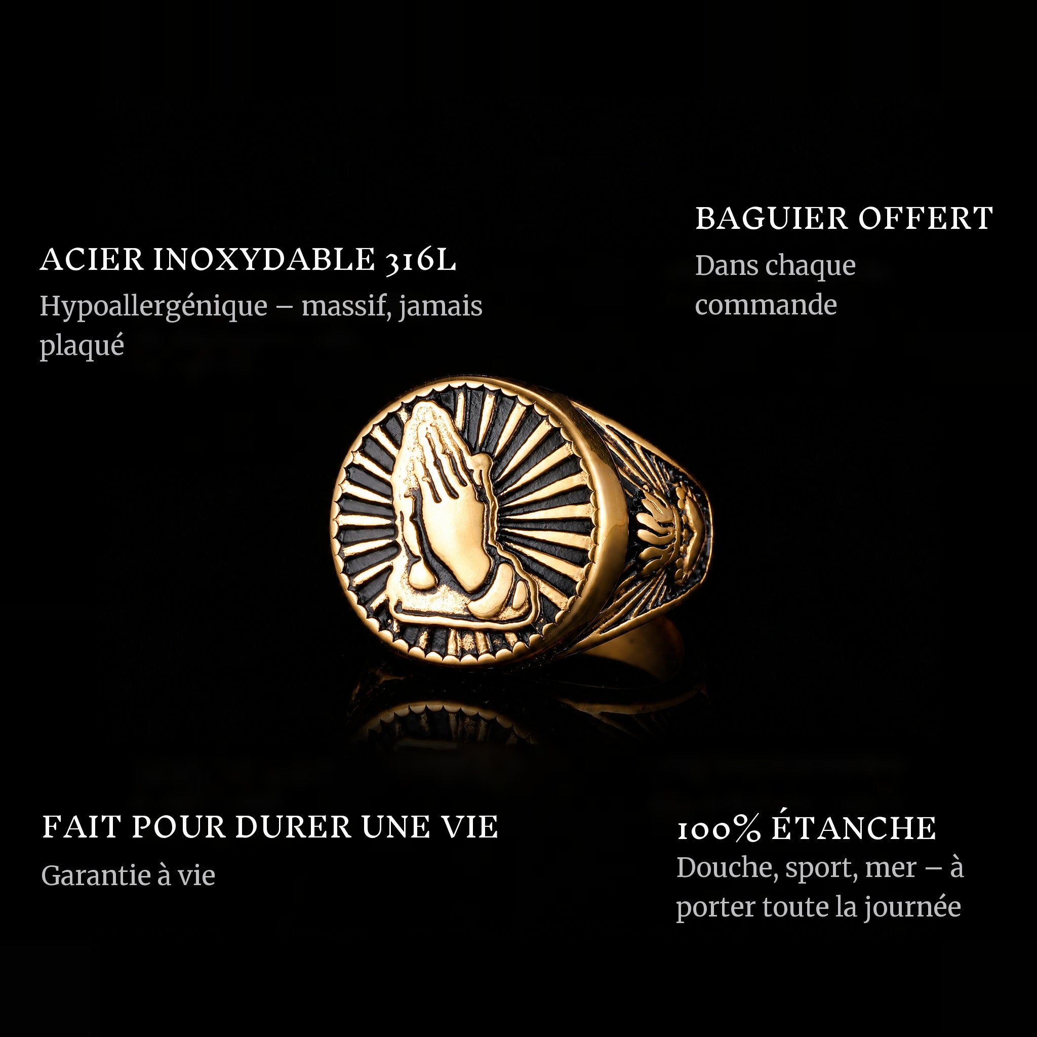 Sacred Gold ring features: 316L stainless steel, free ring sizer in every order, 100% waterproof, lifetime guarantee