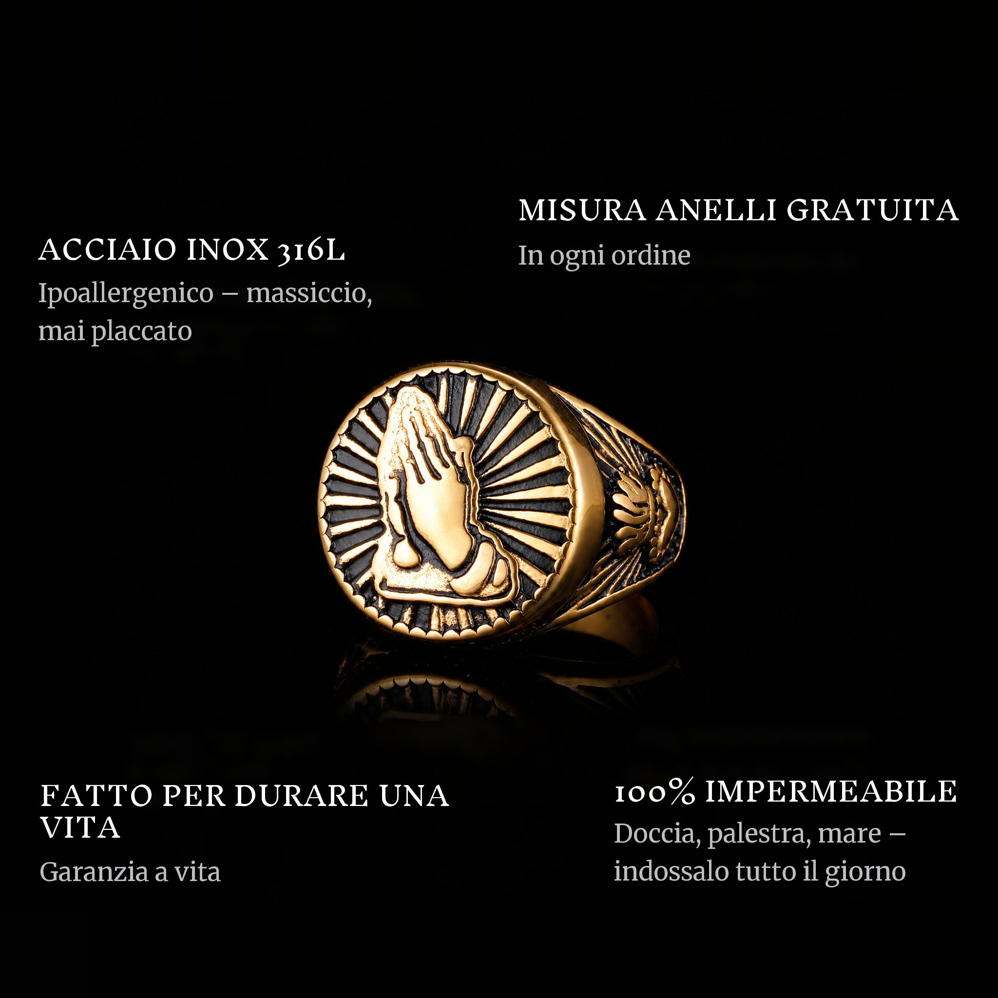 Sacred Gold ring features: 316L stainless steel, free ring sizer in every order, 100% waterproof, lifetime guarantee