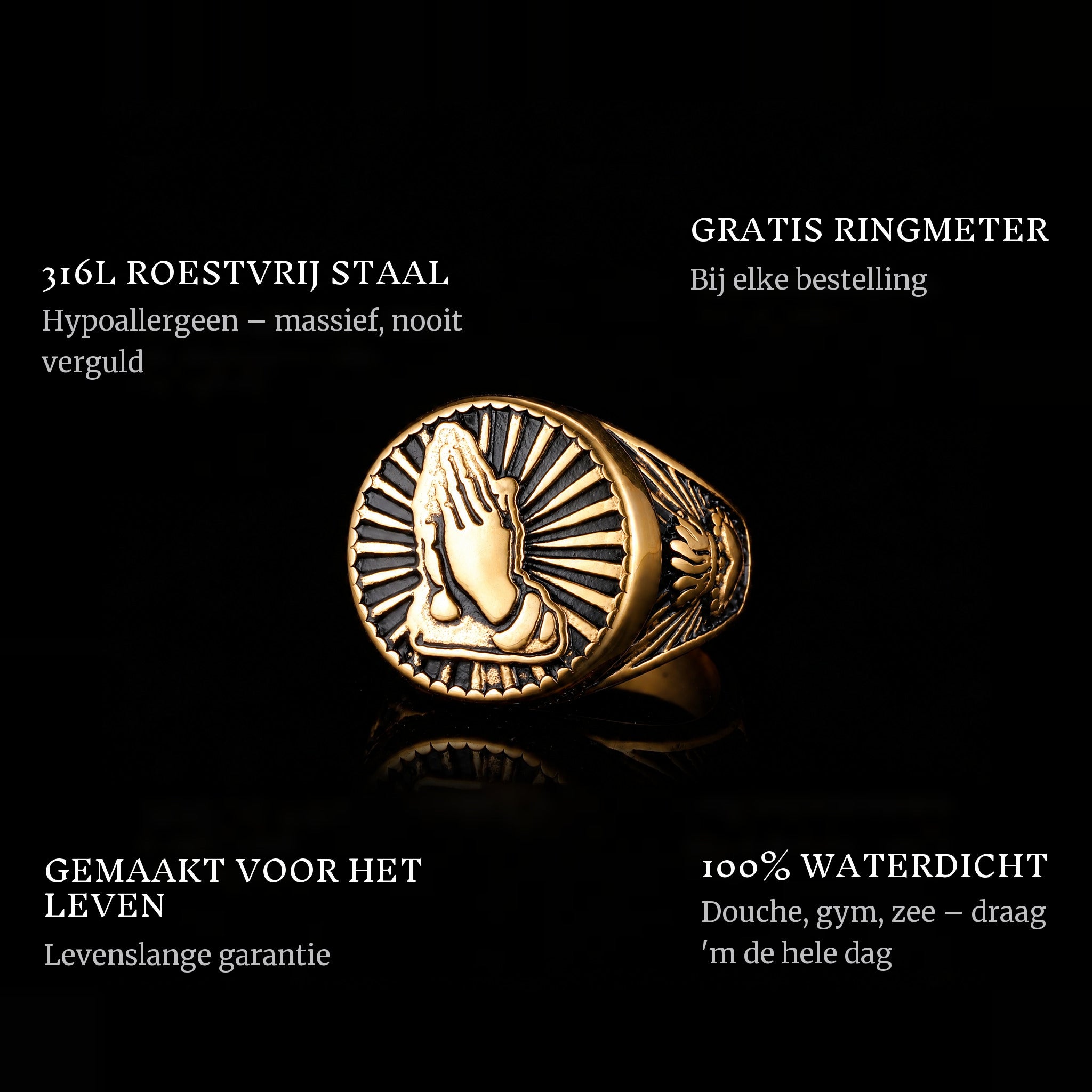 Sacred Gold ring features: 316L stainless steel, free ring sizer in every order, 100% waterproof, lifetime guarantee