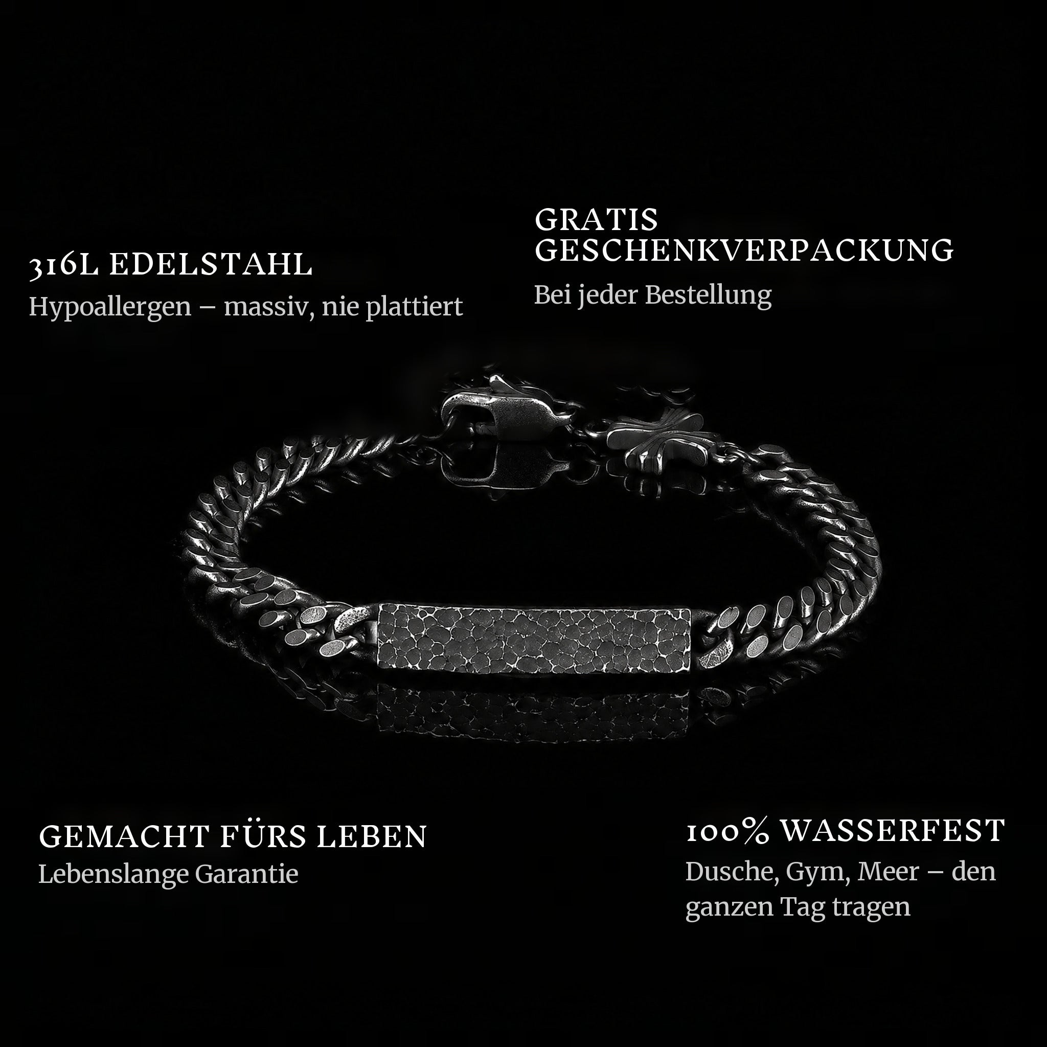 Sacred Secret features: 316L stainless steel, free gift packaging, 100% waterproof, lifetime guarantee