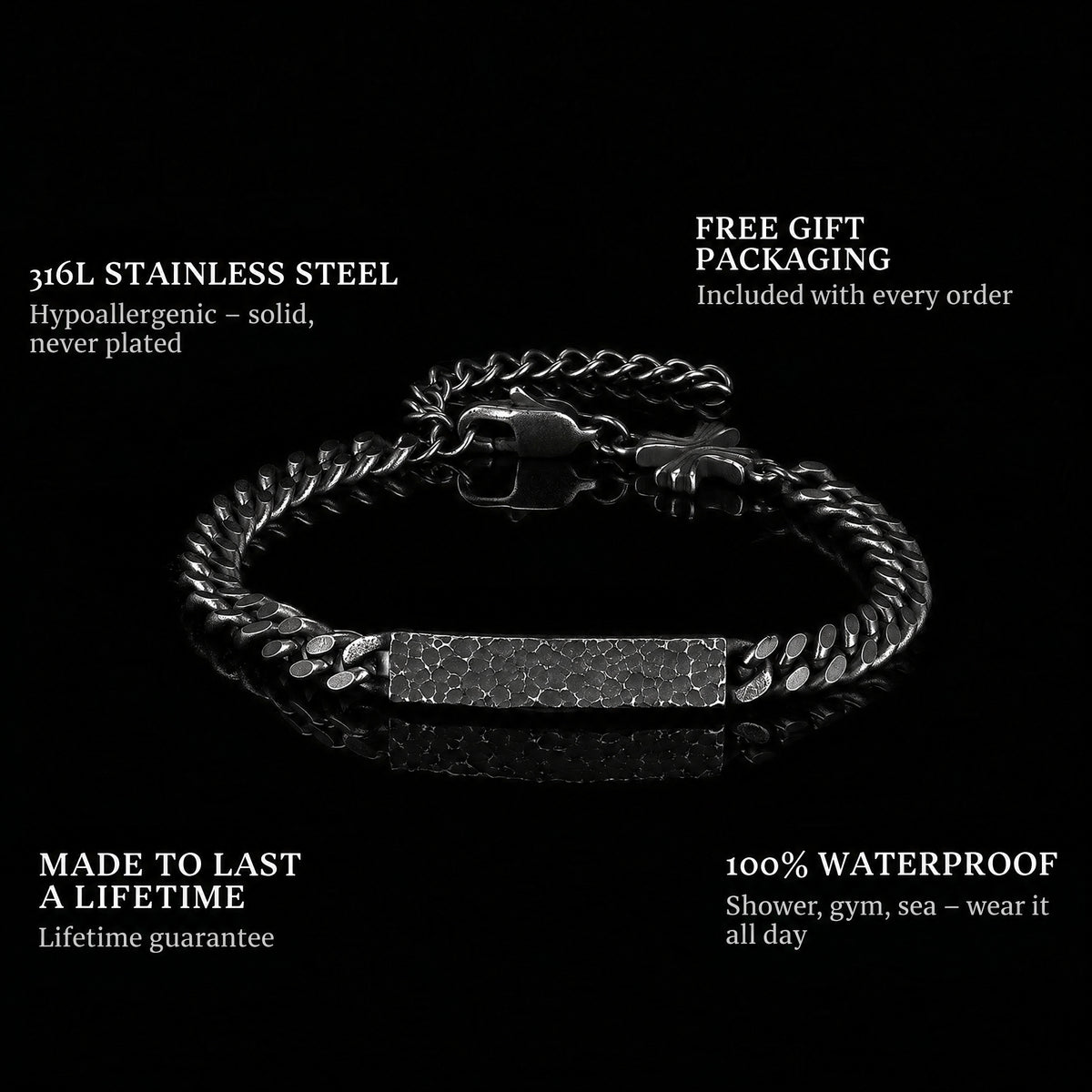 Sacred Secret features: 316L stainless steel, free gift packaging, 100% waterproof, lifetime guarantee