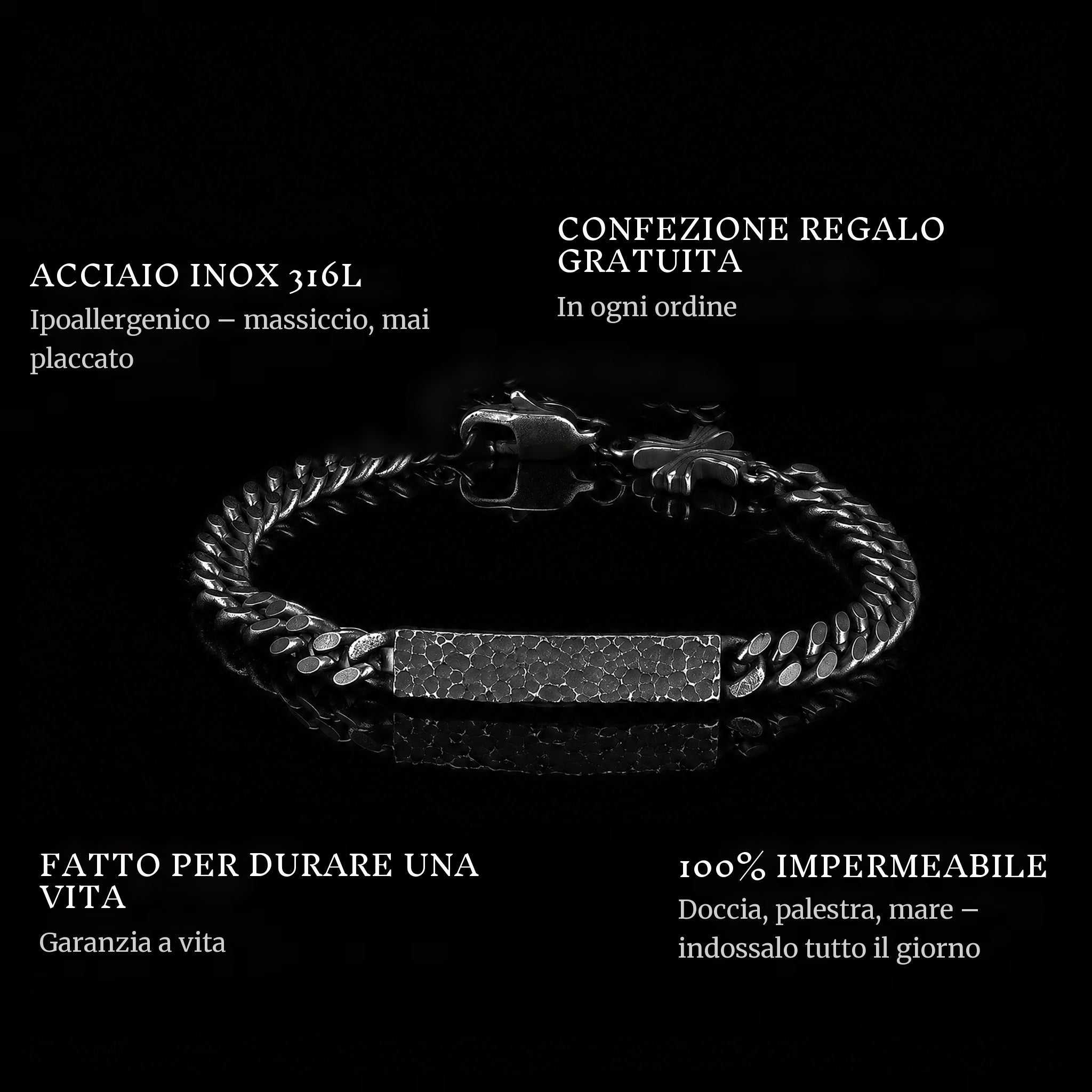 Sacred Secret features: 316L stainless steel, free gift packaging, 100% waterproof, lifetime guarantee