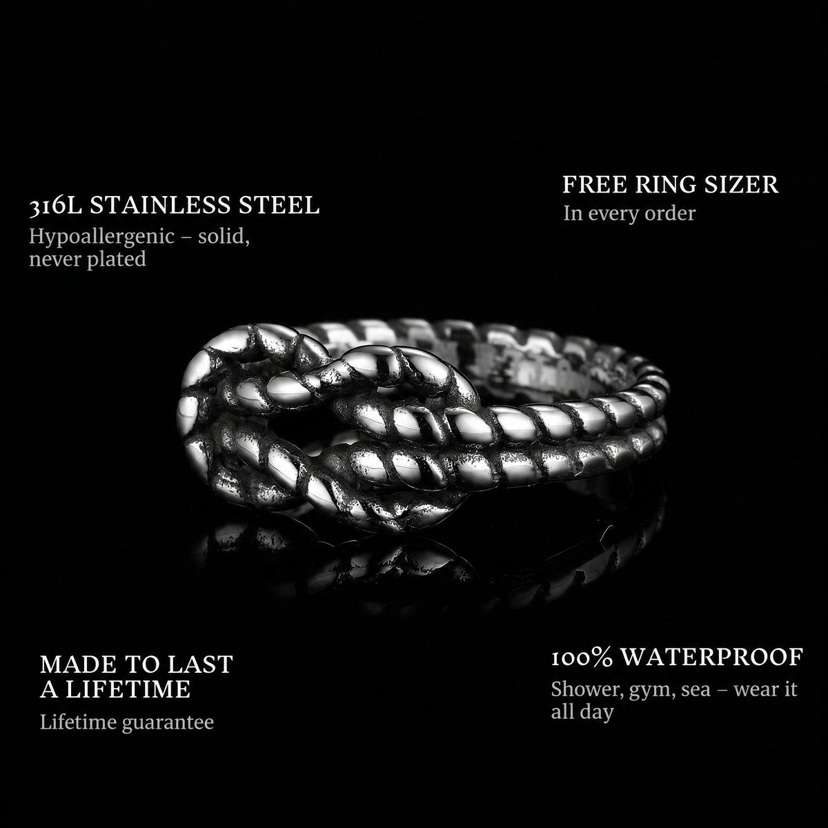 Sailor Knot ring features: 316L stainless steel, free ring sizer in every order, 100% waterproof, lifetime guarantee