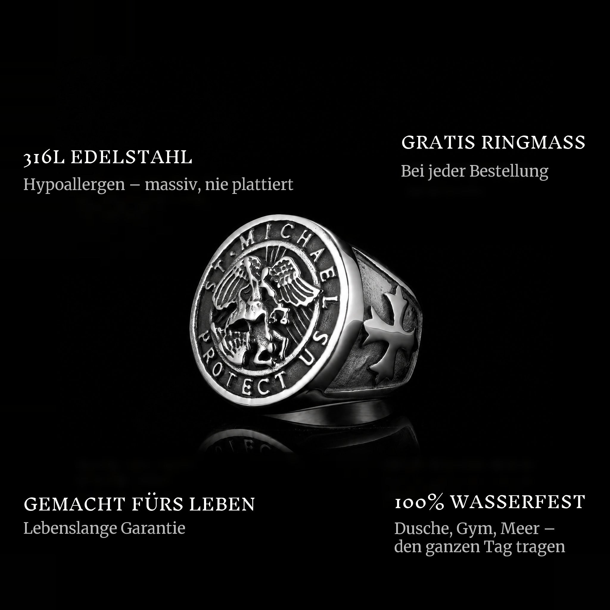 Saint Michael ring features: 316L stainless steel, free ring sizer in every order, 100% waterproof, lifetime guarantee