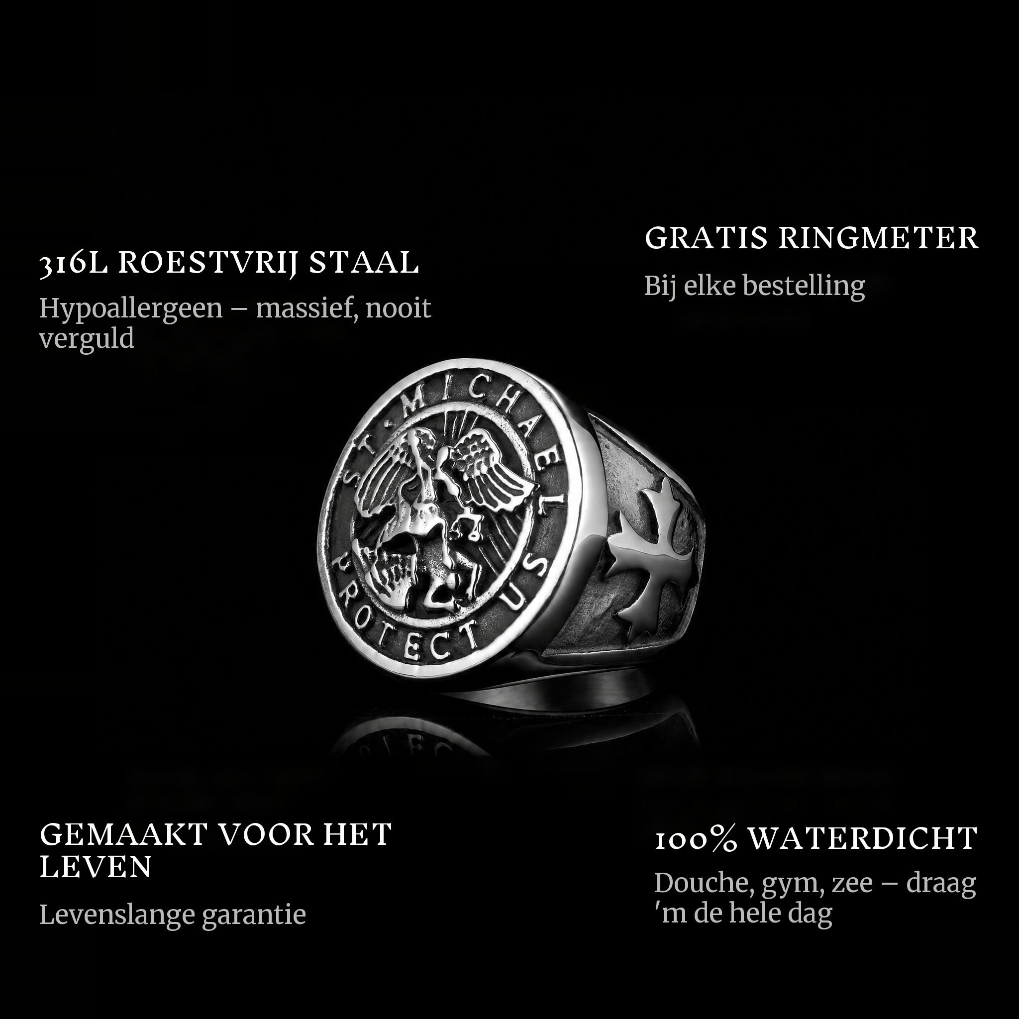Saint Michael ring features: 316L stainless steel, free ring sizer in every order, 100% waterproof, lifetime guarantee