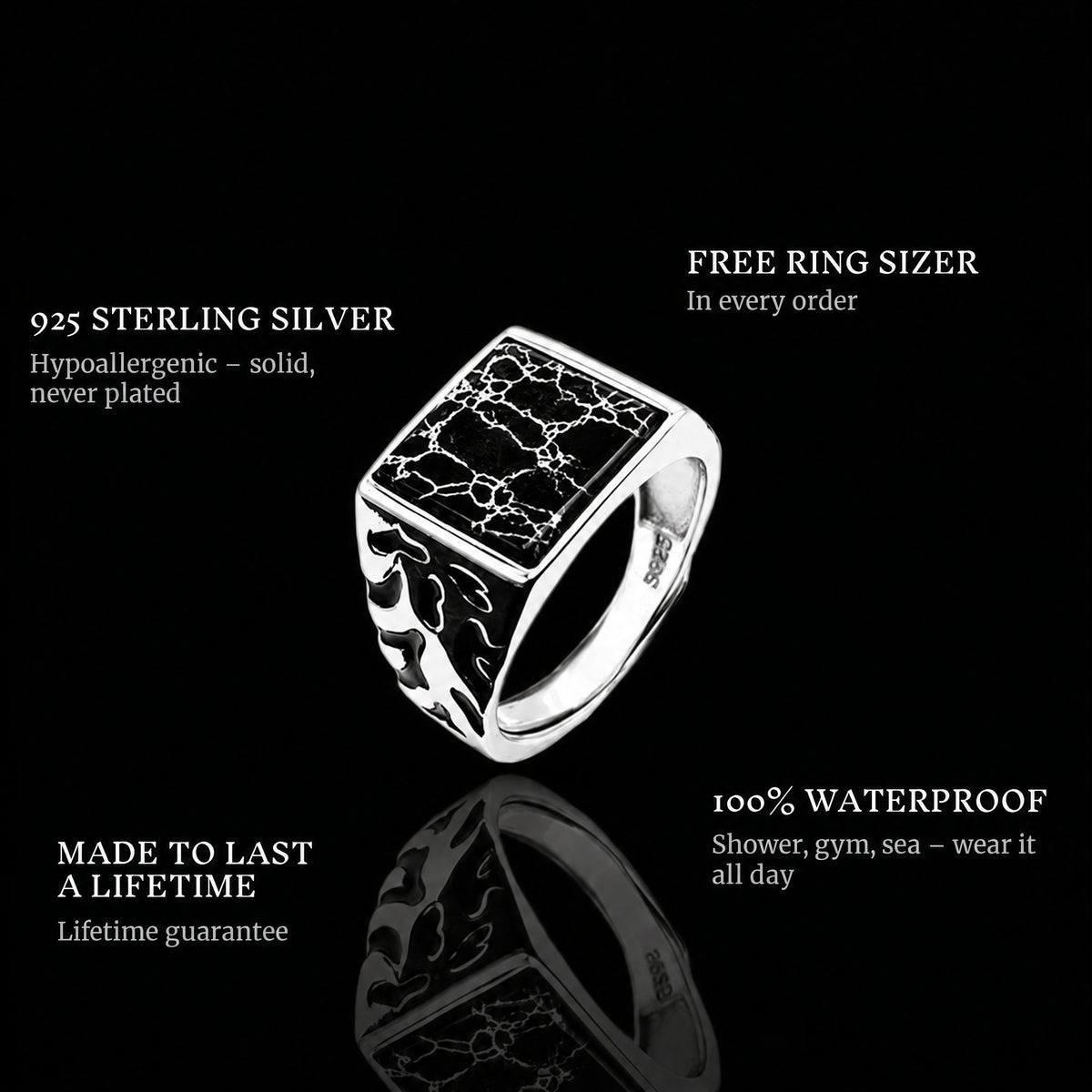 Scratched ring features: 925 sterling silver, free ring sizer in every order, 100% waterproof, lifetime guarantee