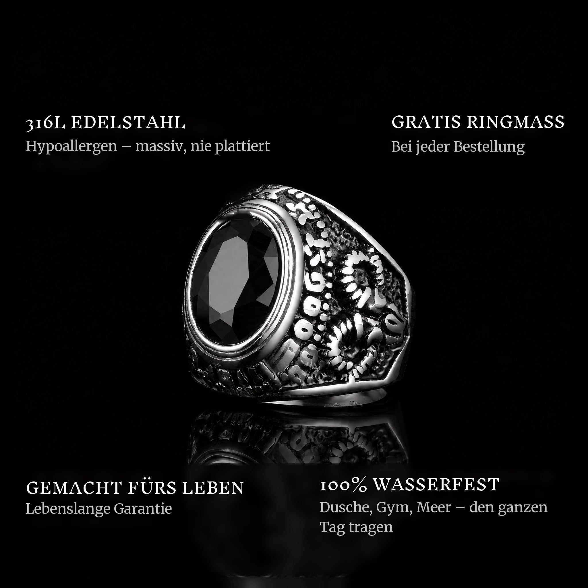 Sea Cruiser ring features: 316L stainless steel, free ring sizer in every order, 100% waterproof, lifetime guarantee