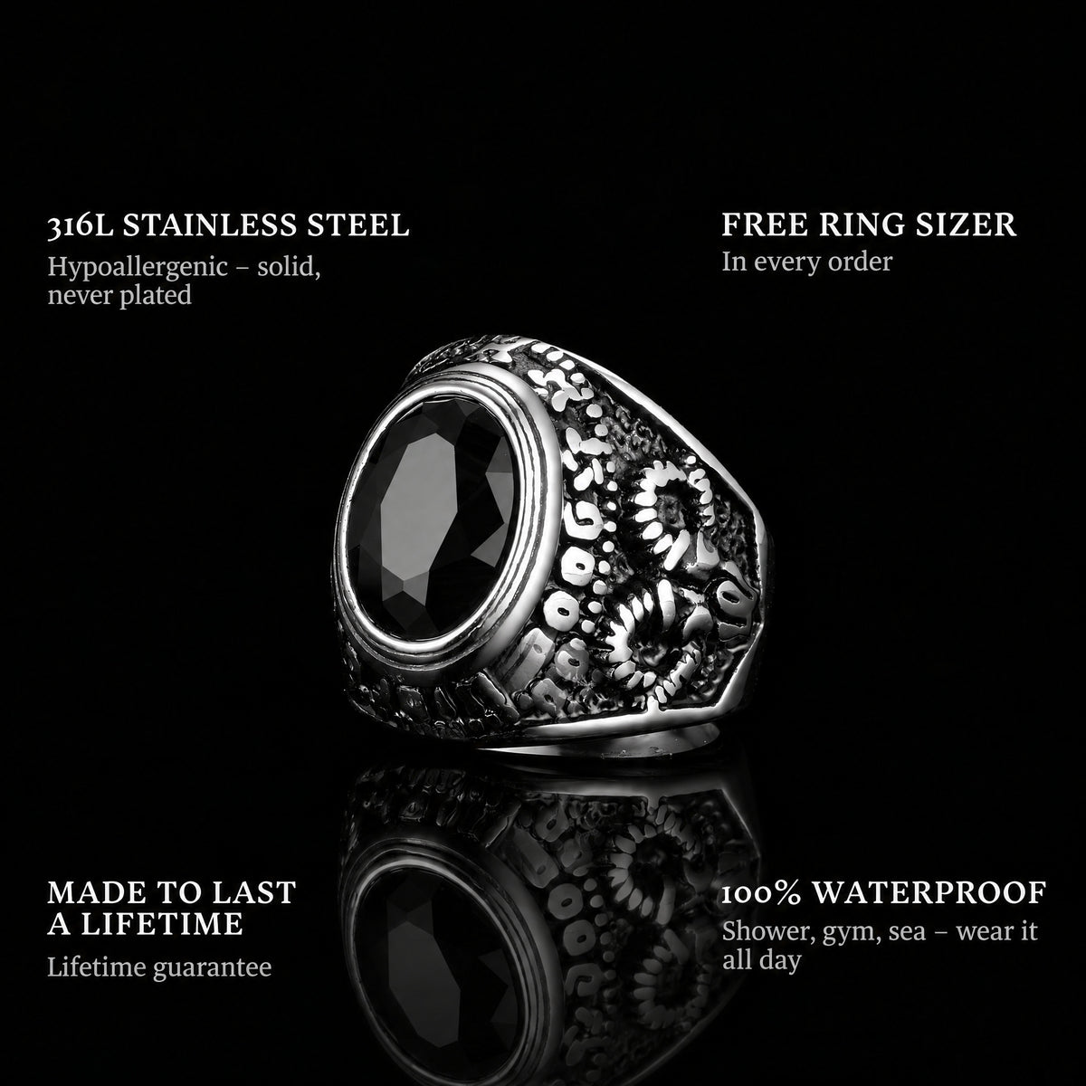 Sea Cruiser ring features: 316L stainless steel, free ring sizer in every order, 100% waterproof, lifetime guarantee