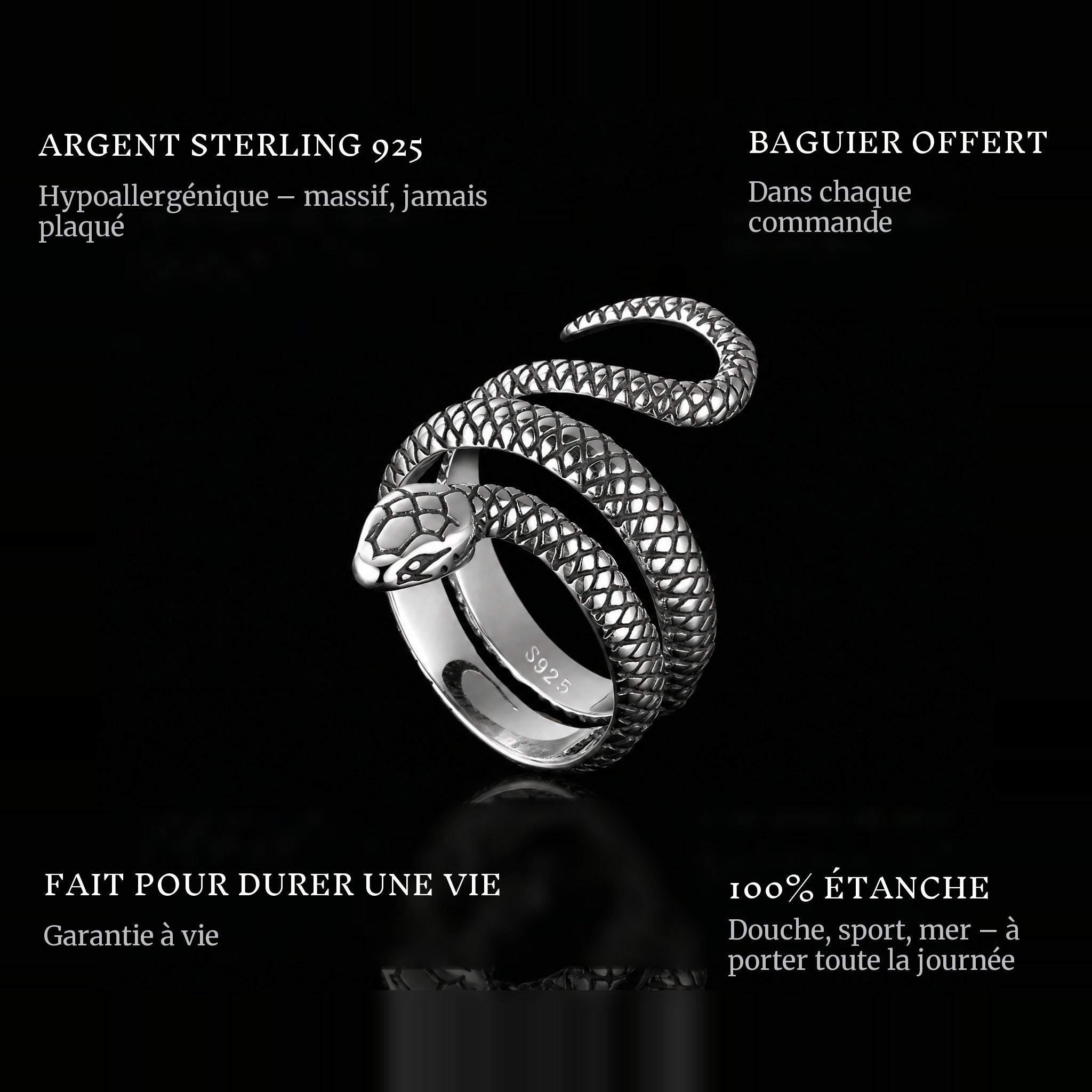 Serpent ring features: 925 sterling silver, free ring sizer in every order, 100% waterproof, lifetime guarantee