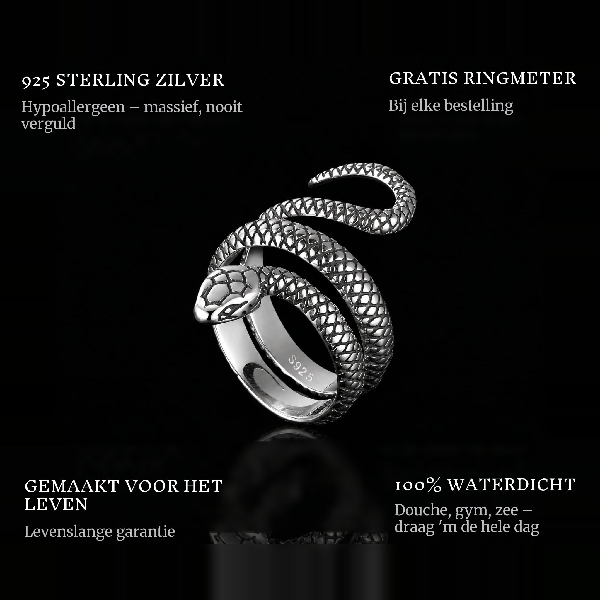 Serpent ring features: 925 sterling silver, free ring sizer in every order, 100% waterproof, lifetime guarantee
