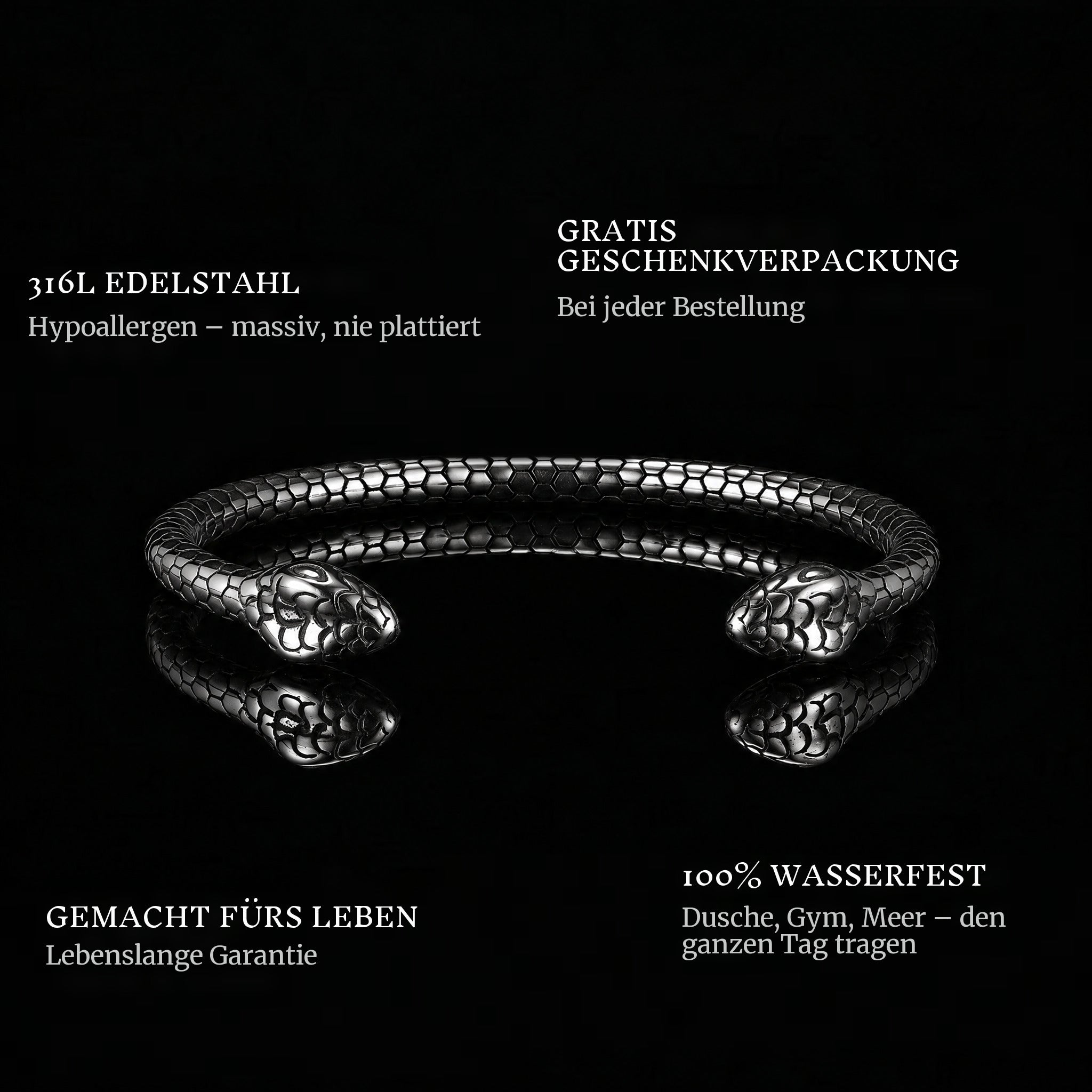 Serpent Pact features: 316L stainless steel, free gift packaging, 100% waterproof, lifetime guarantee