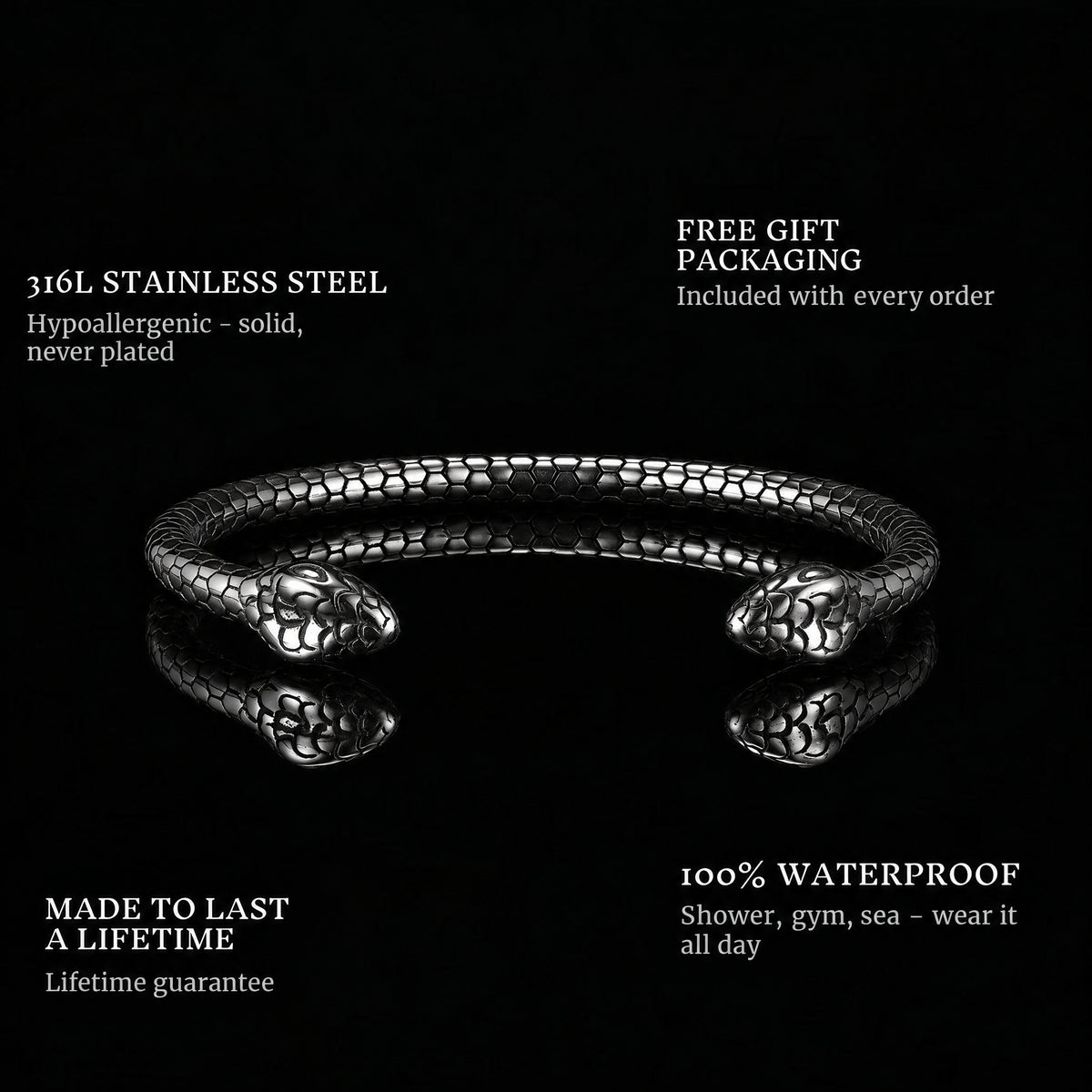 Serpent Pact features: 316L stainless steel, free gift packaging, 100% waterproof, lifetime guarantee