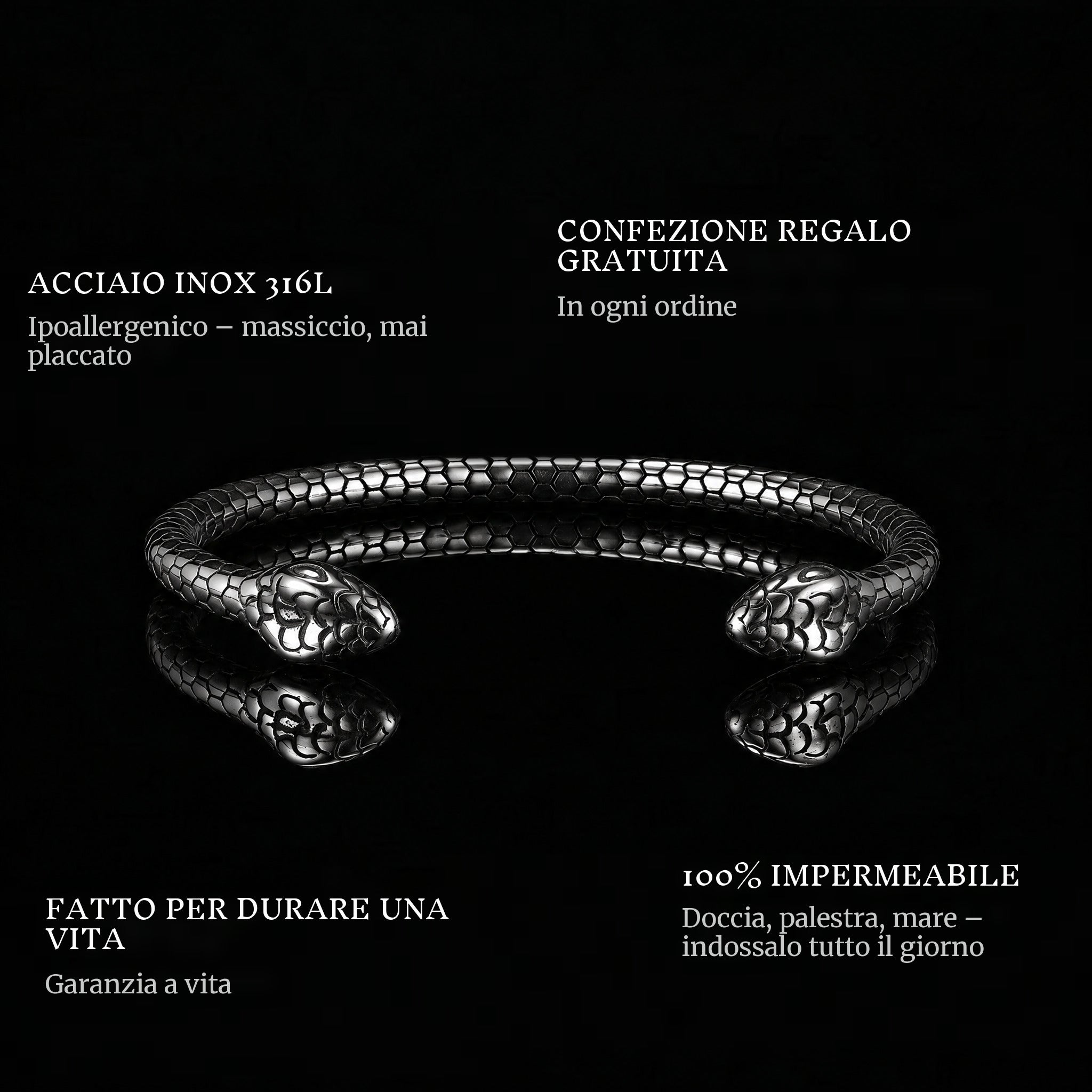 Serpent Pact features: 316L stainless steel, free gift packaging, 100% waterproof, lifetime guarantee