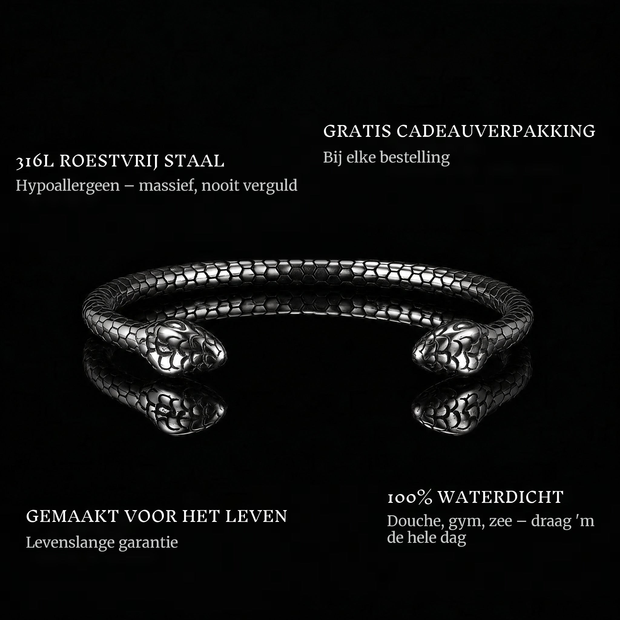 Serpent Pact features: 316L stainless steel, free gift packaging, 100% waterproof, lifetime guarantee