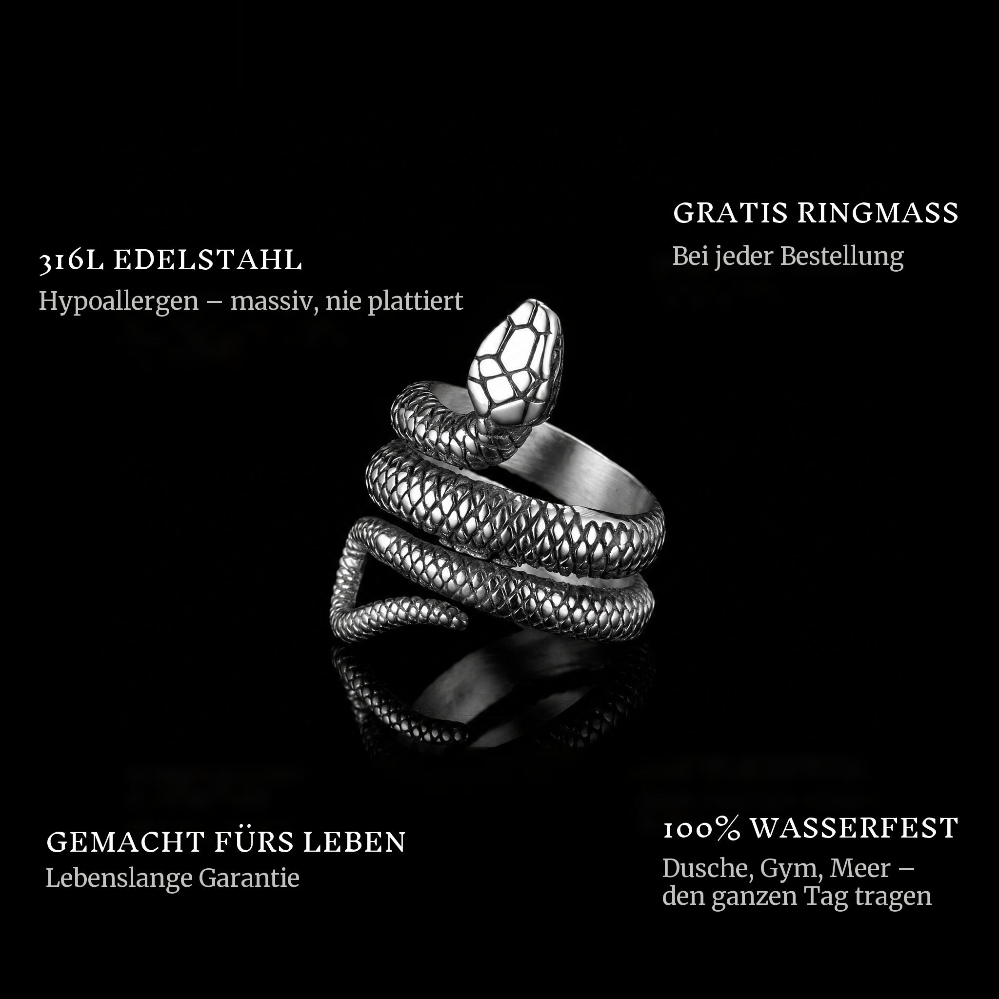 Serpent ring features: 316L stainless steel, free ring sizer in every order, 100% waterproof, lifetime guarantee