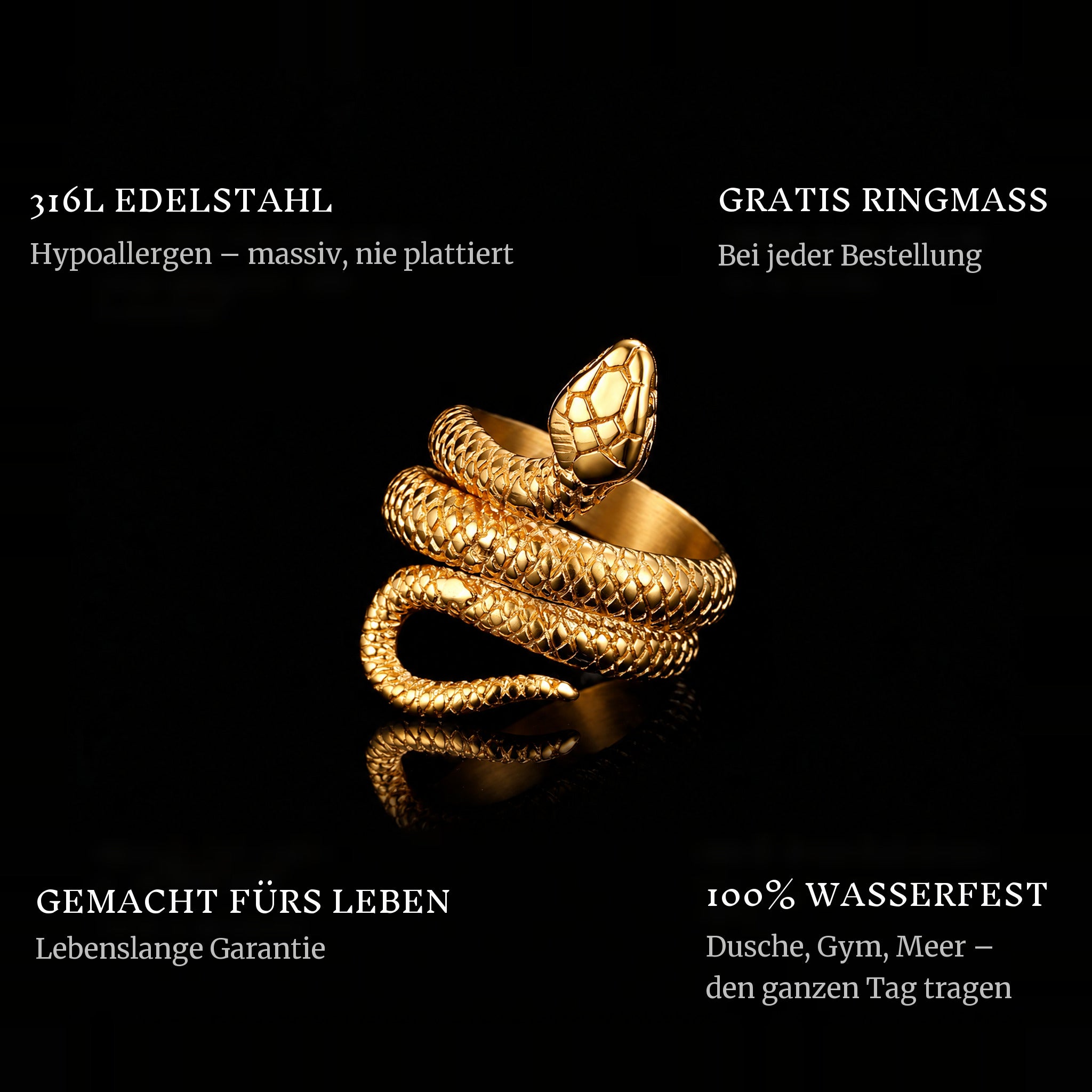 Serpent Gold ring features: 316L stainless steel, free ring sizer in every order, 100% waterproof, lifetime guarantee