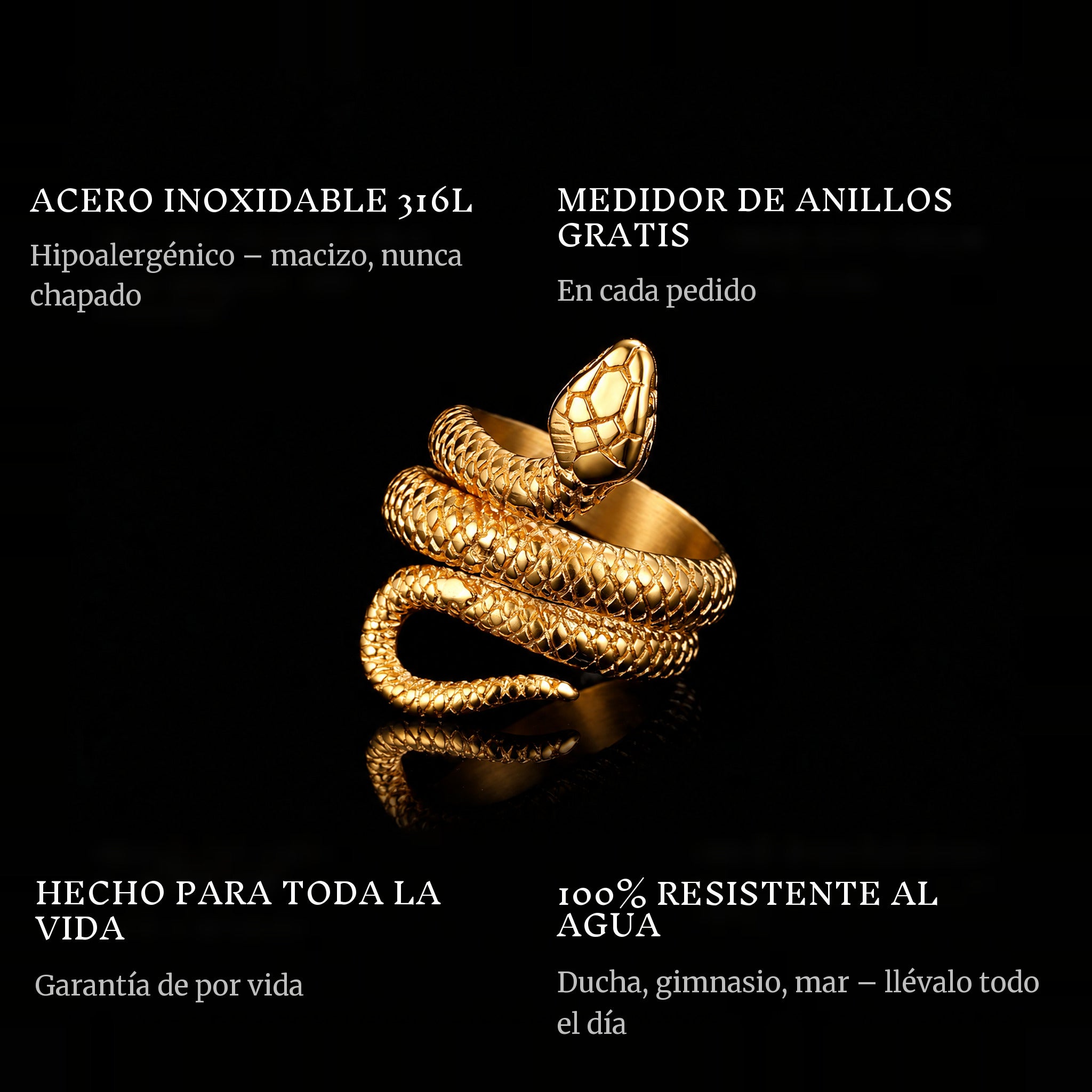 Serpent Gold ring features: 316L stainless steel, free ring sizer in every order, 100% waterproof, lifetime guarantee