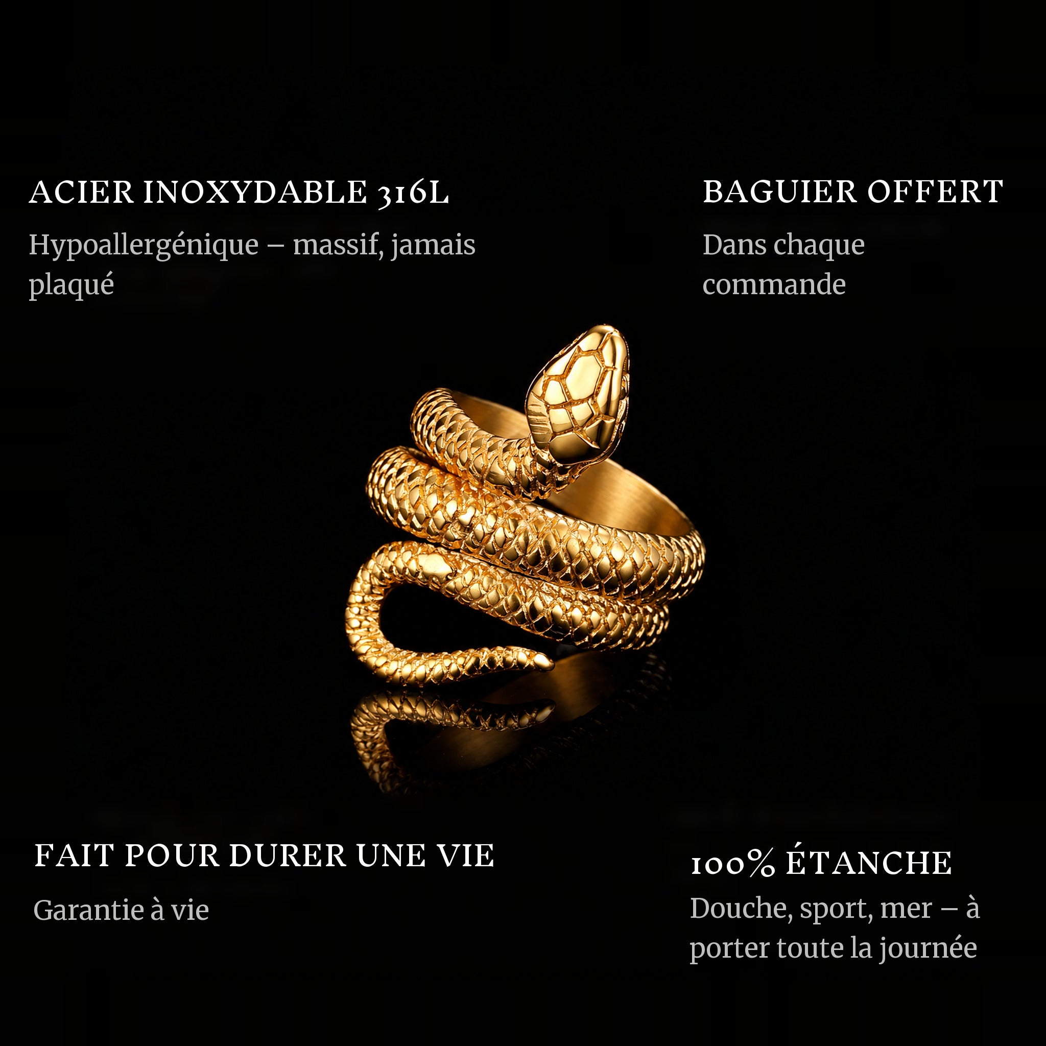 Serpent Gold ring features: 316L stainless steel, free ring sizer in every order, 100% waterproof, lifetime guarantee