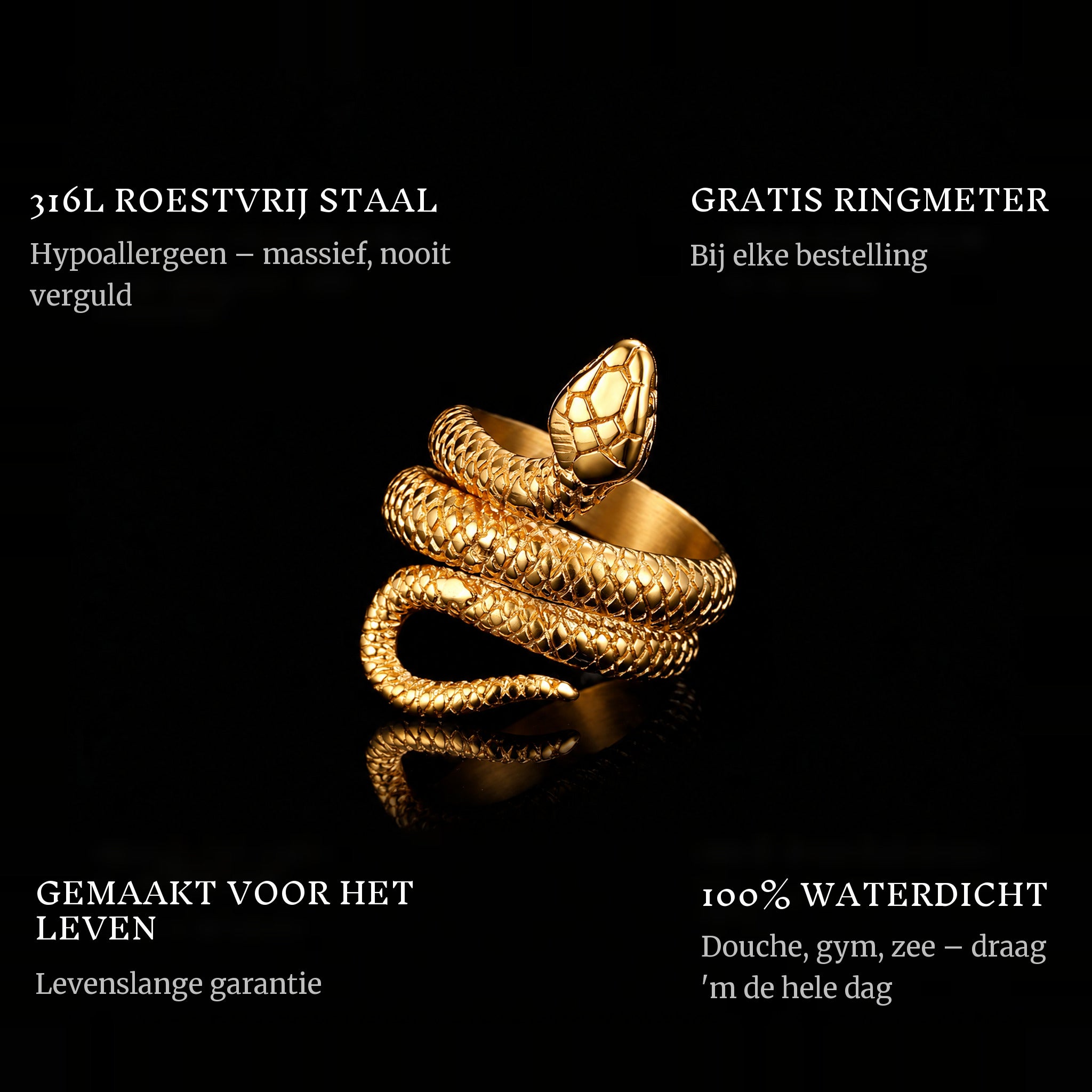 Serpent Gold ring features: 316L stainless steel, free ring sizer in every order, 100% waterproof, lifetime guarantee