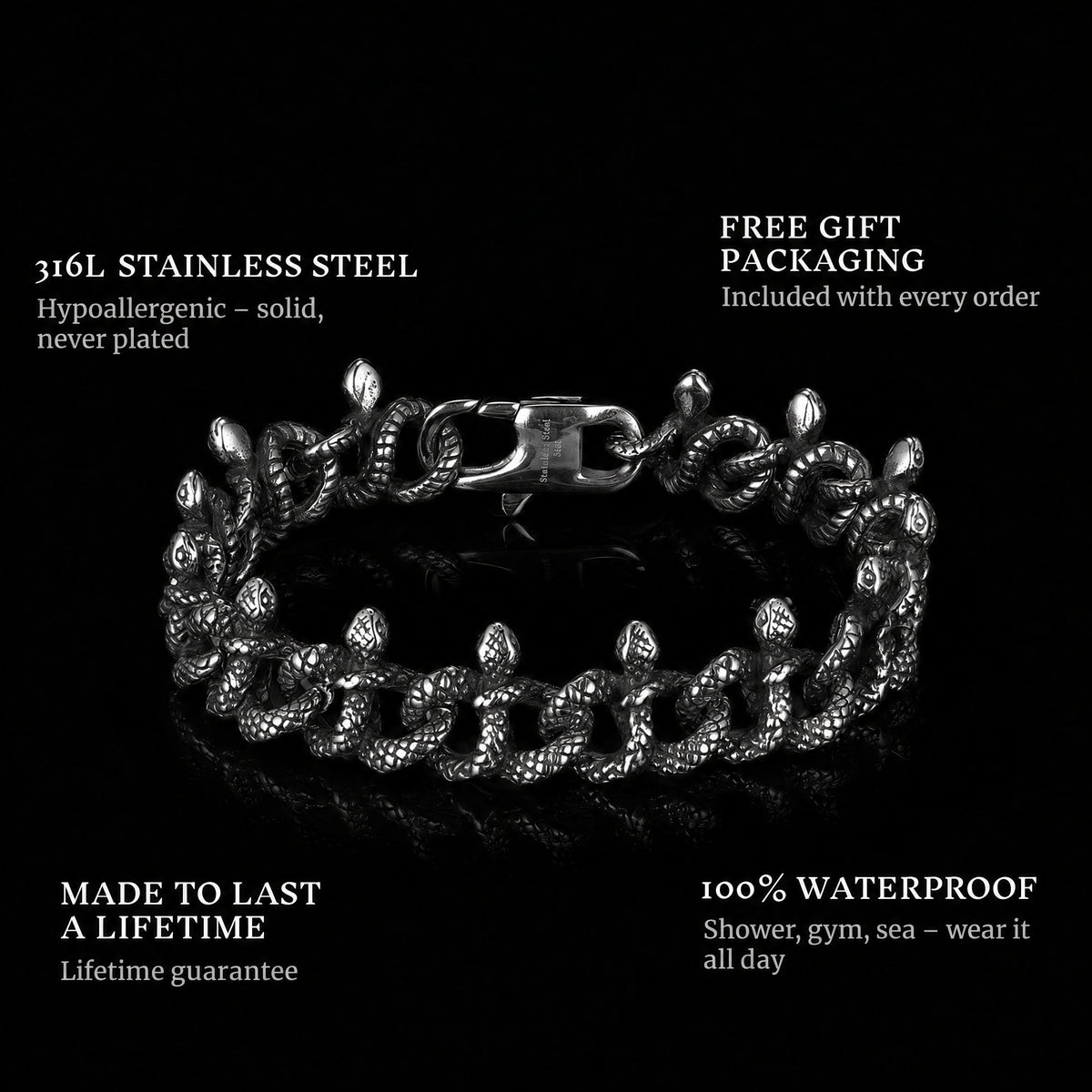 Serpent Union features: 316L stainless steel, free gift packaging, 100% waterproof, lifetime guarantee