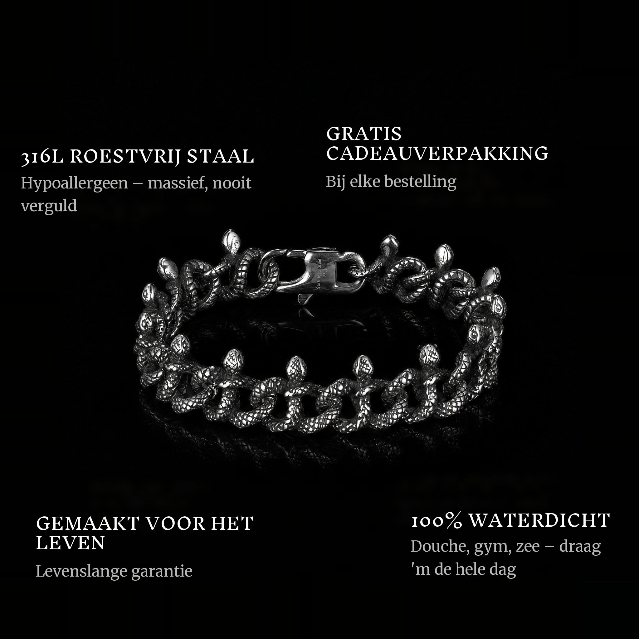Serpent Union features: 316L stainless steel, free gift packaging, 100% waterproof, lifetime guarantee