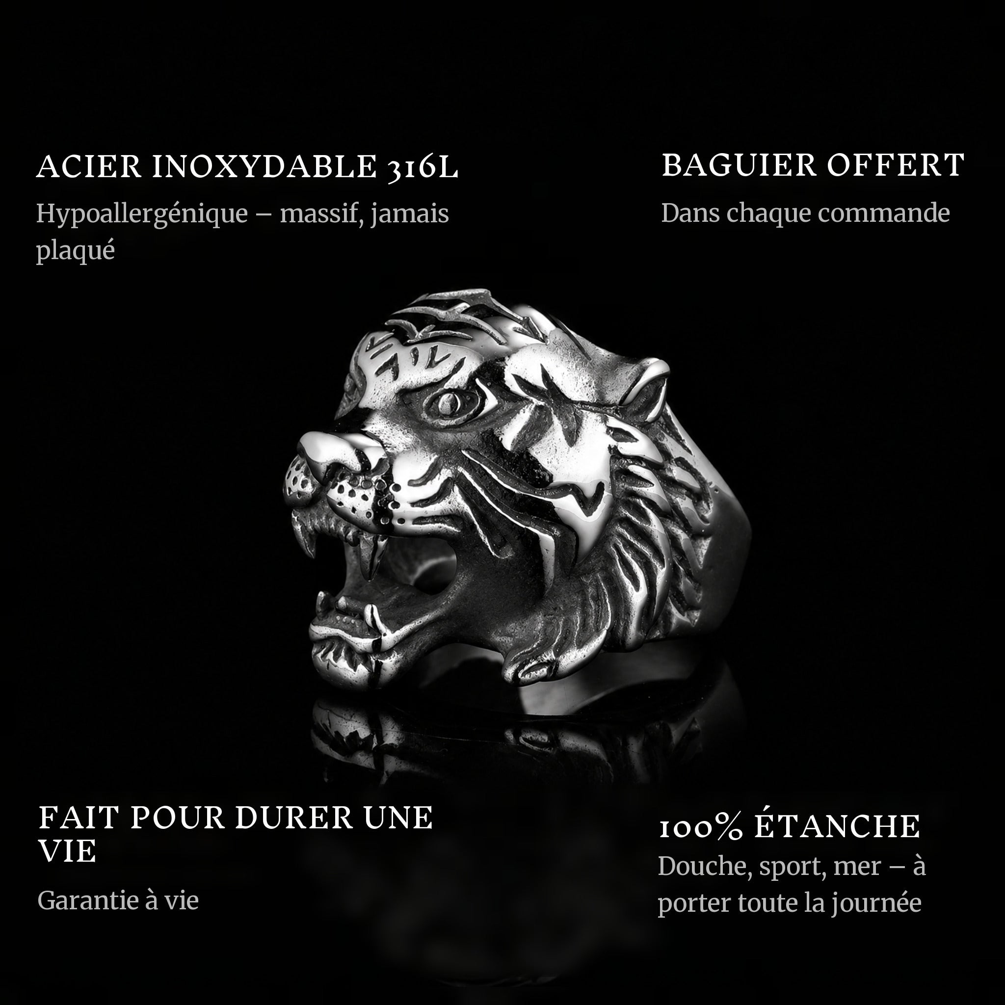 Shere Khan ring features: 316L stainless steel, free ring sizer in every order, 100% waterproof, lifetime guarantee