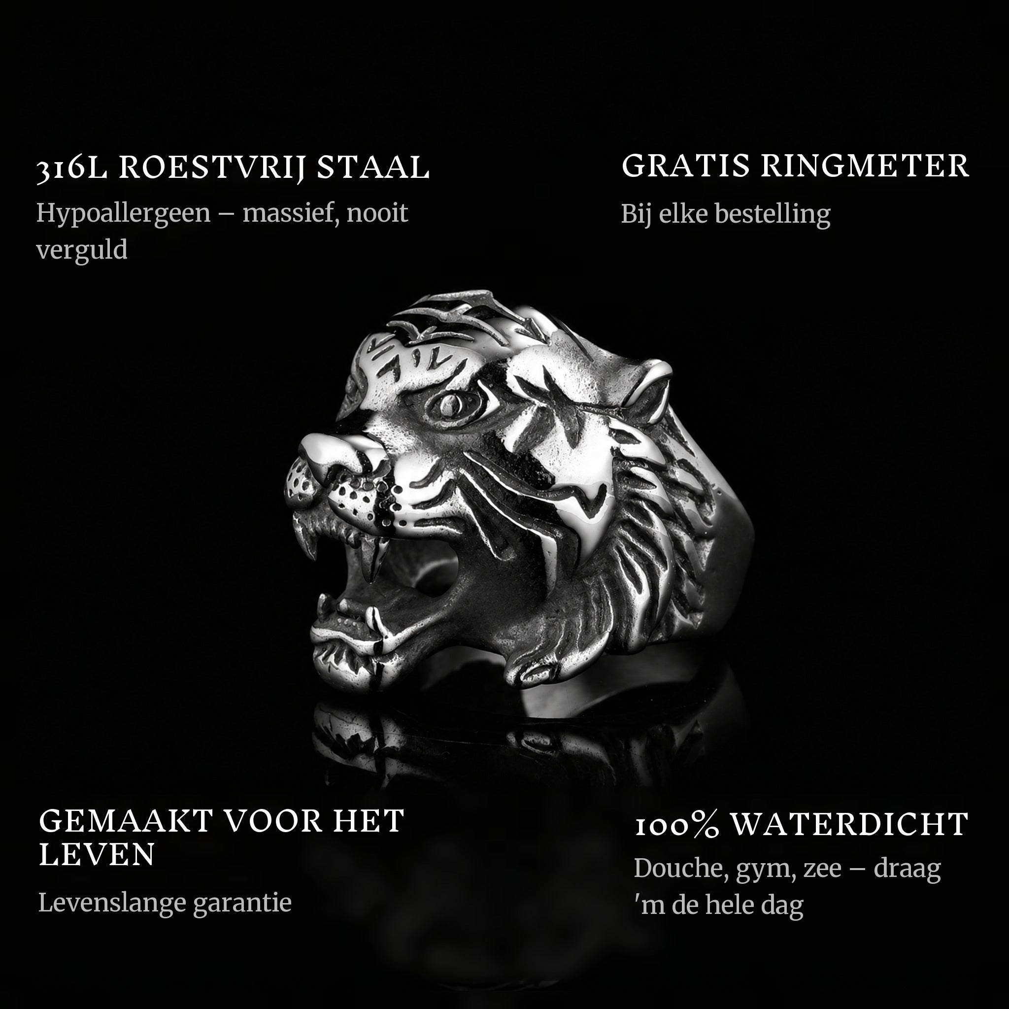Shere Khan ring features: 316L stainless steel, free ring sizer in every order, 100% waterproof, lifetime guarantee