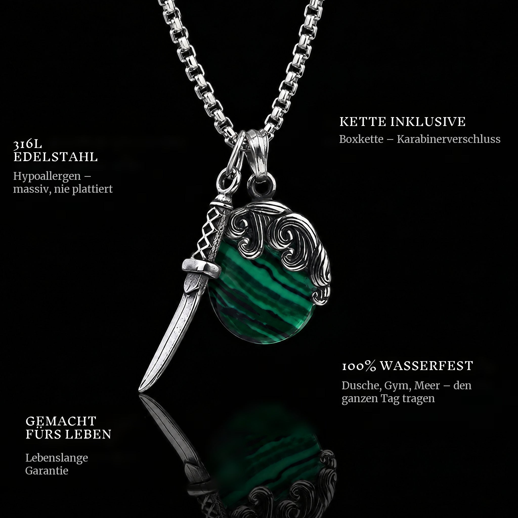 Shield & Sword pendant features: 316L stainless steel, chain included, 100% waterproof, lifetime guarantee