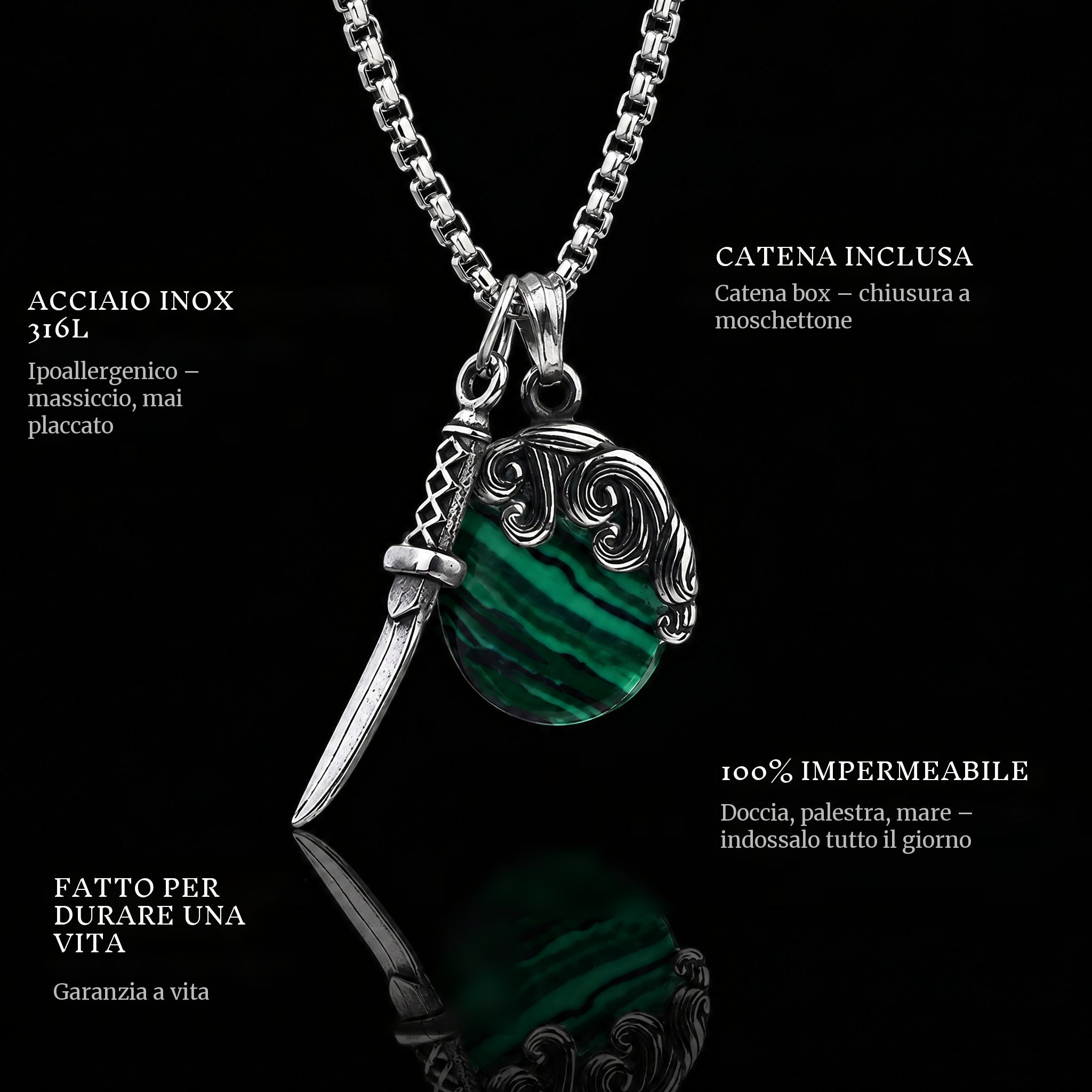 Shield & Sword pendant features: 316L stainless steel, chain included, 100% waterproof, lifetime guarantee