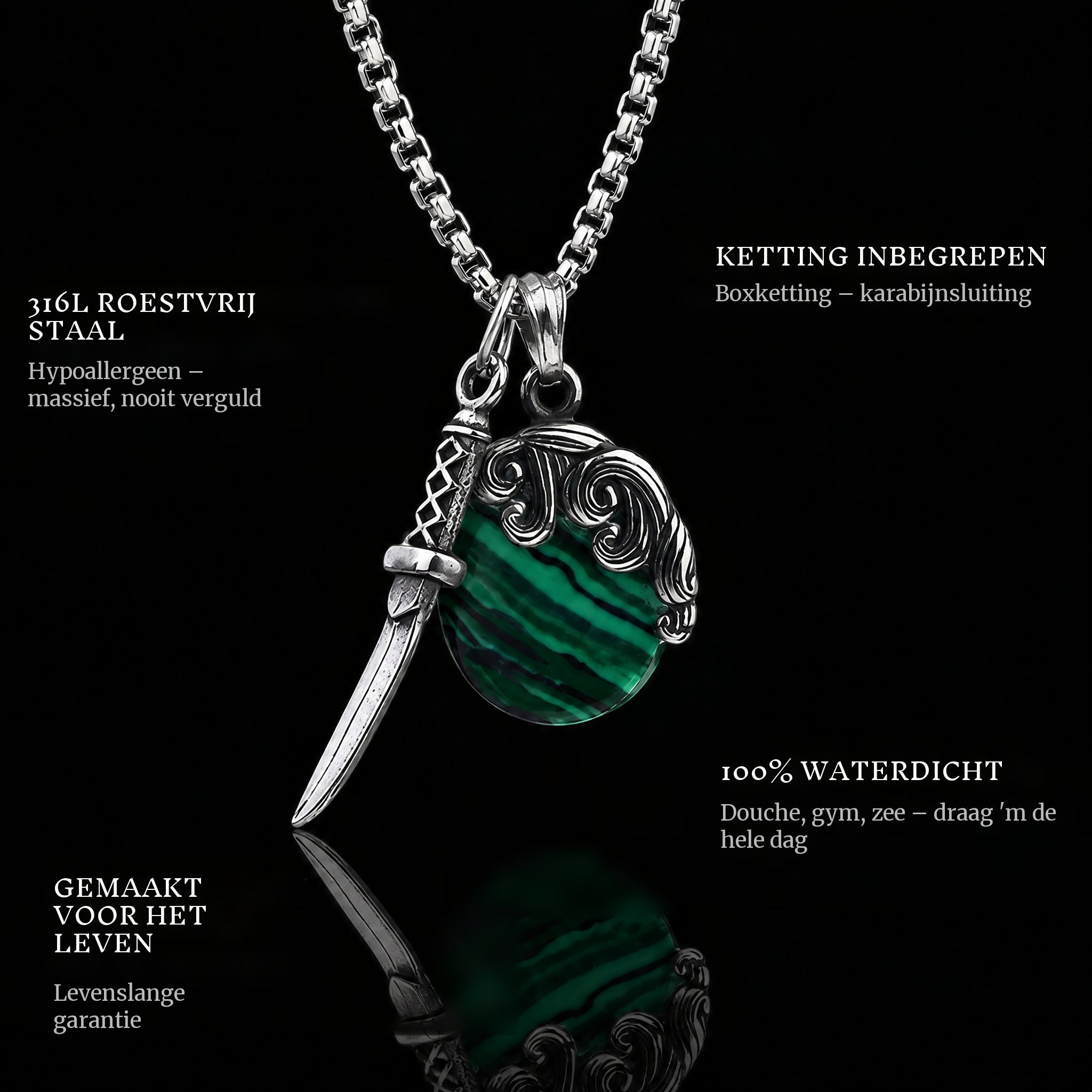 Shield & Sword pendant features: 316L stainless steel, chain included, 100% waterproof, lifetime guarantee