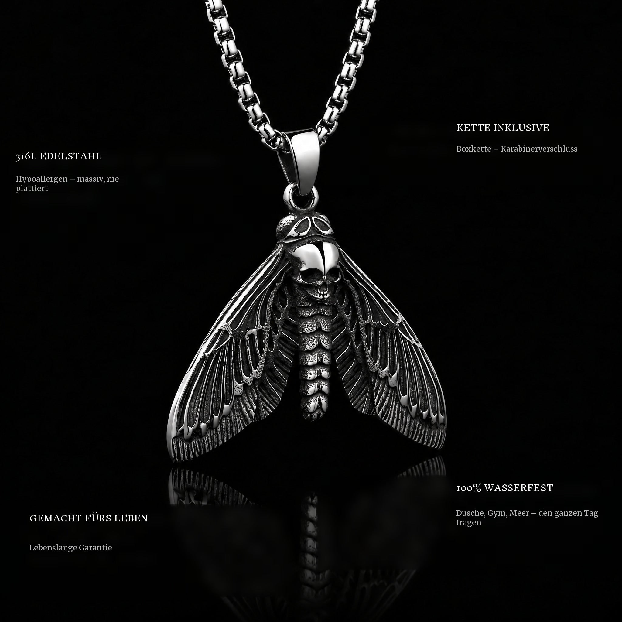 Skull Butterfly pendant features: 316L stainless steel, chain included, 100% waterproof, lifetime guarantee