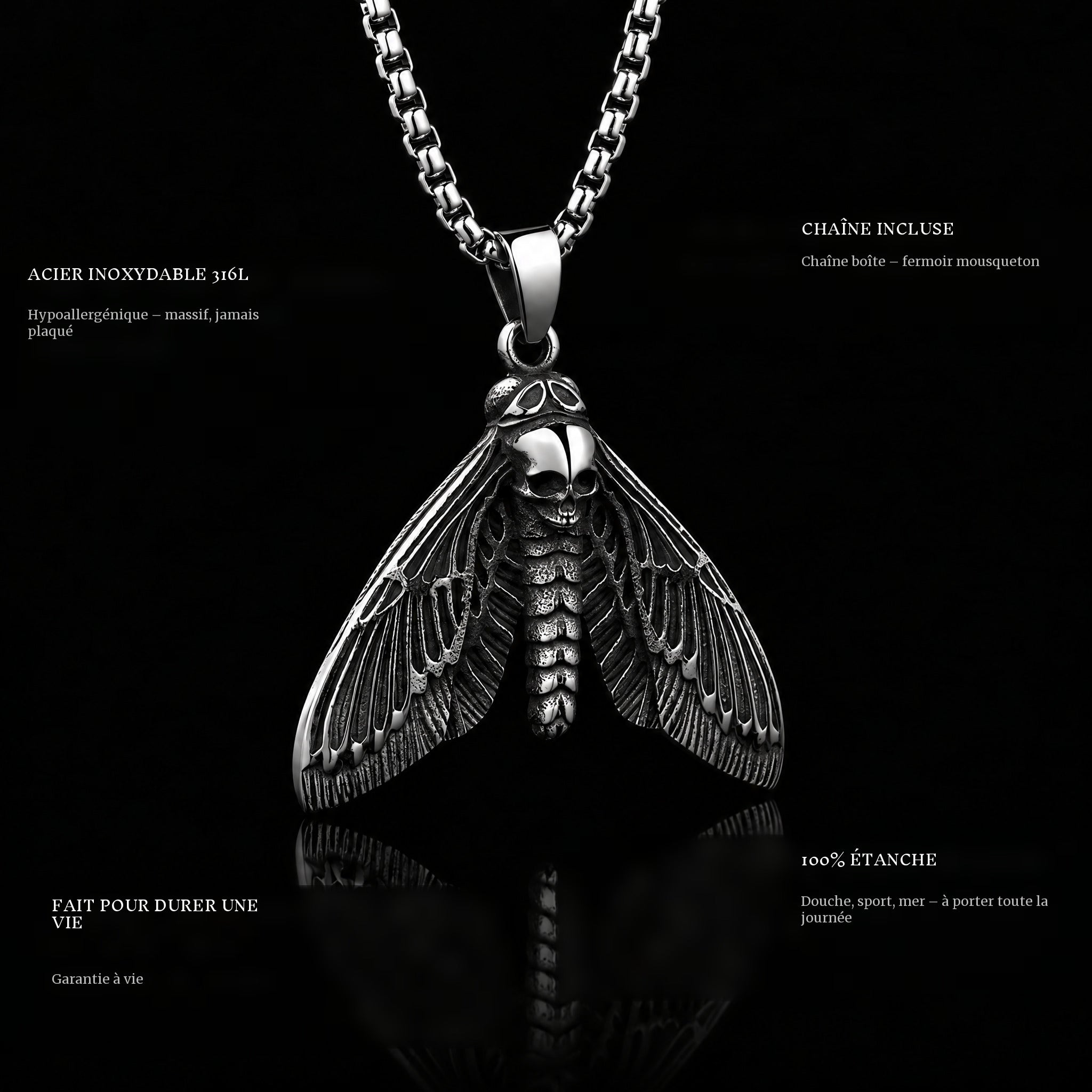 Skull Butterfly pendant features: 316L stainless steel, chain included, 100% waterproof, lifetime guarantee