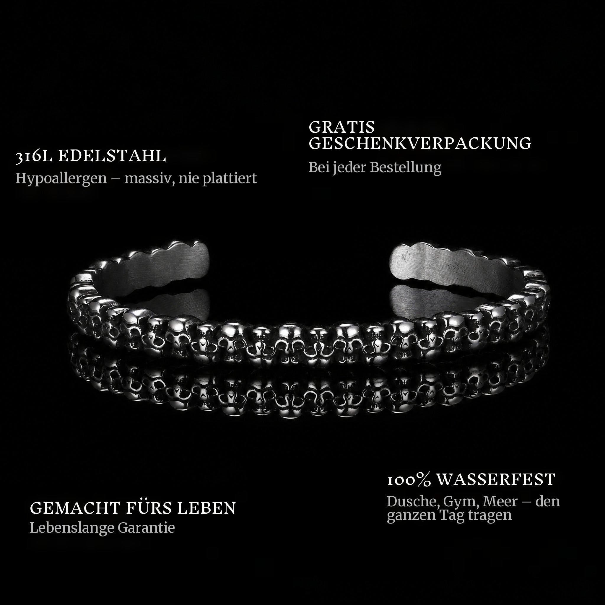 Skull Legion features: 316L stainless steel, free gift packaging, 100% waterproof, lifetime guarantee