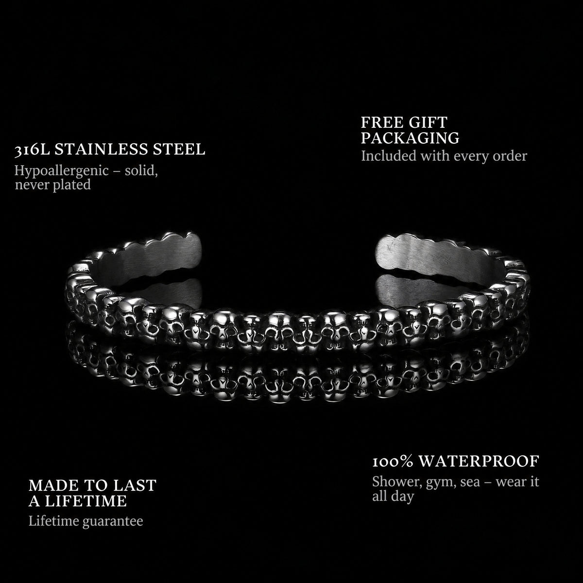 Skull Legion features: 316L stainless steel, free gift packaging, 100% waterproof, lifetime guarantee