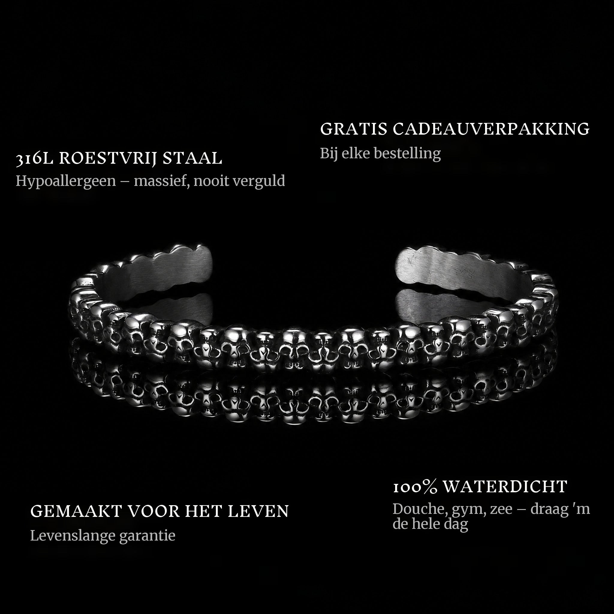 Skull Legion features: 316L stainless steel, free gift packaging, 100% waterproof, lifetime guarantee