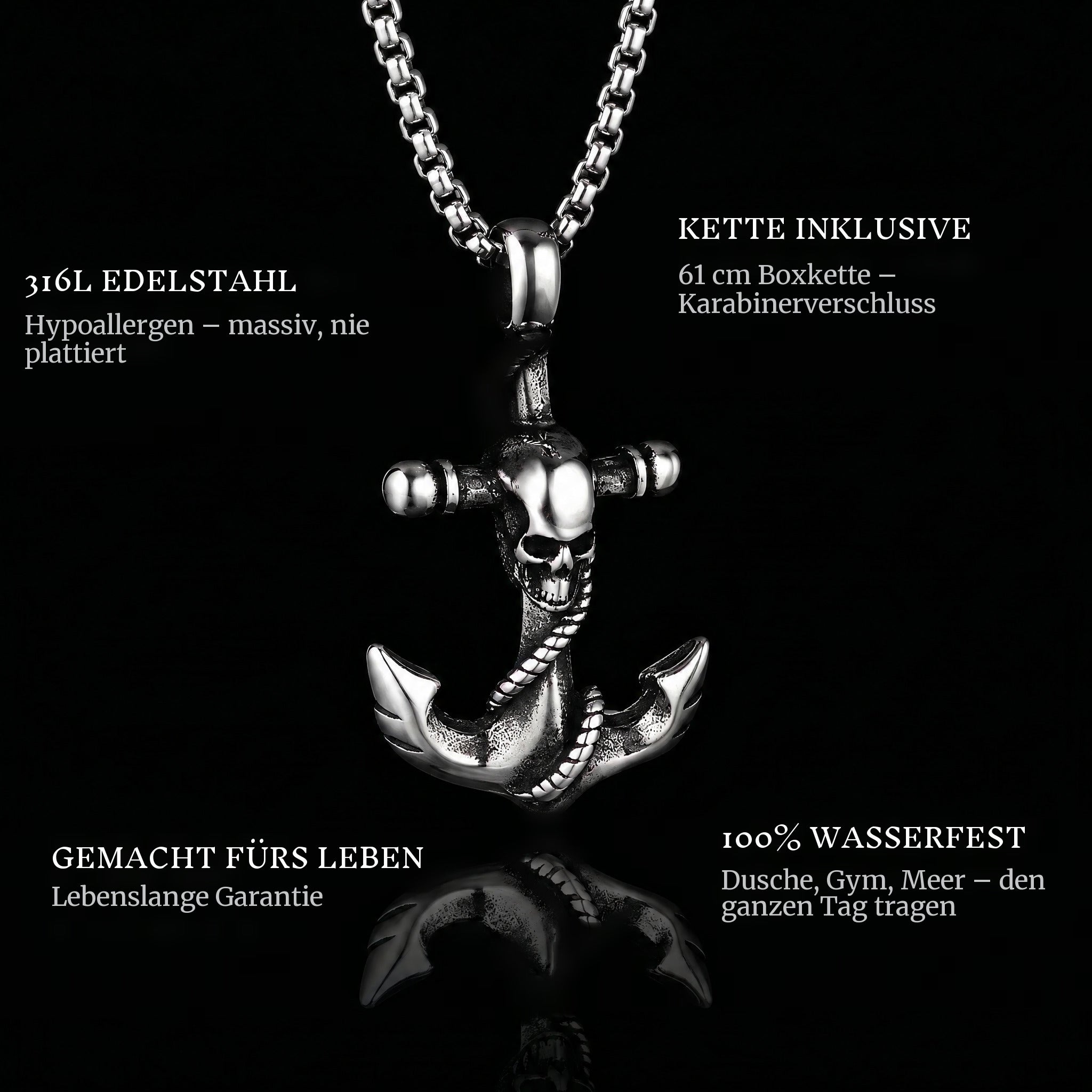 Skulled Anchor pendant features: 316L stainless steel, chain included, 100% waterproof, lifetime guarantee