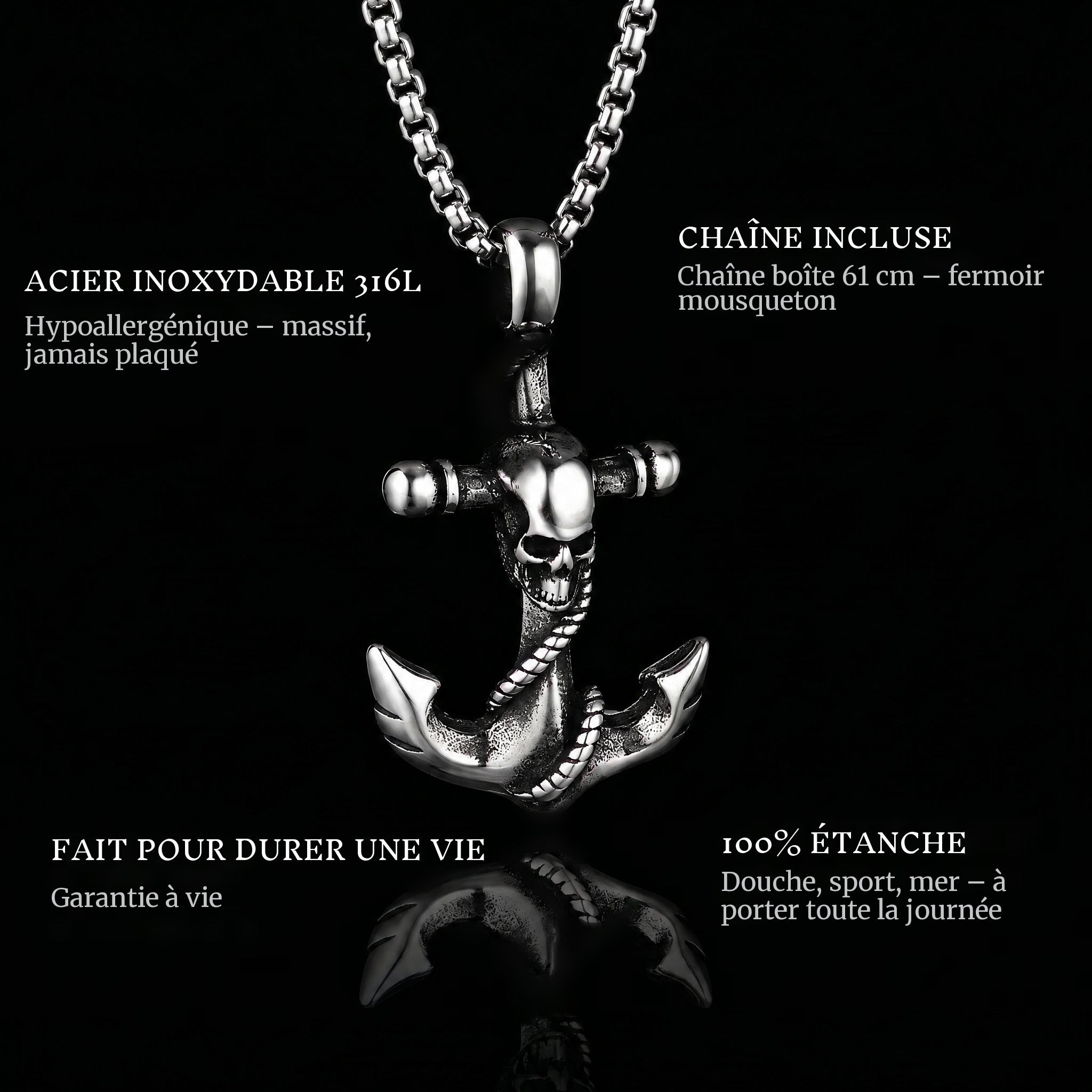 Skulled Anchor pendant features: 316L stainless steel, chain included, 100% waterproof, lifetime guarantee