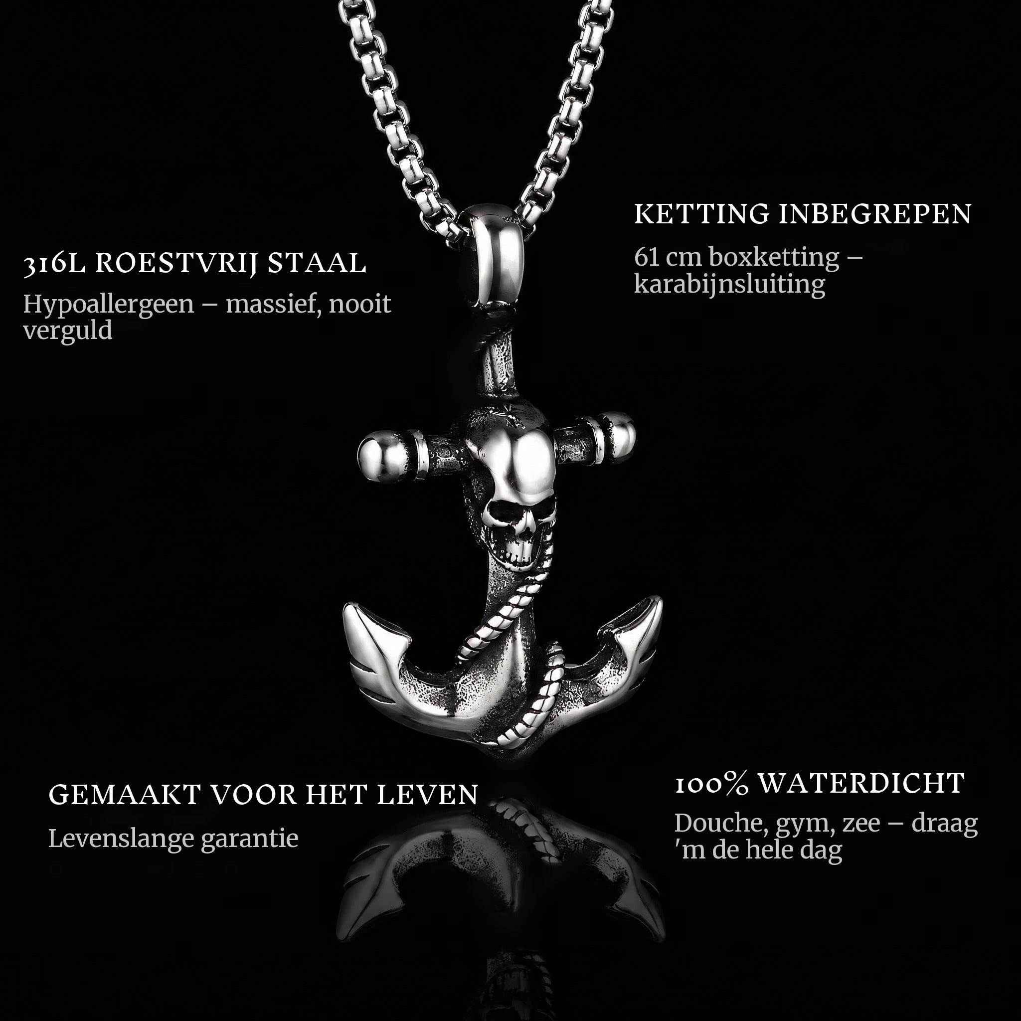 Skulled Anchor pendant features: 316L stainless steel, chain included, 100% waterproof, lifetime guarantee