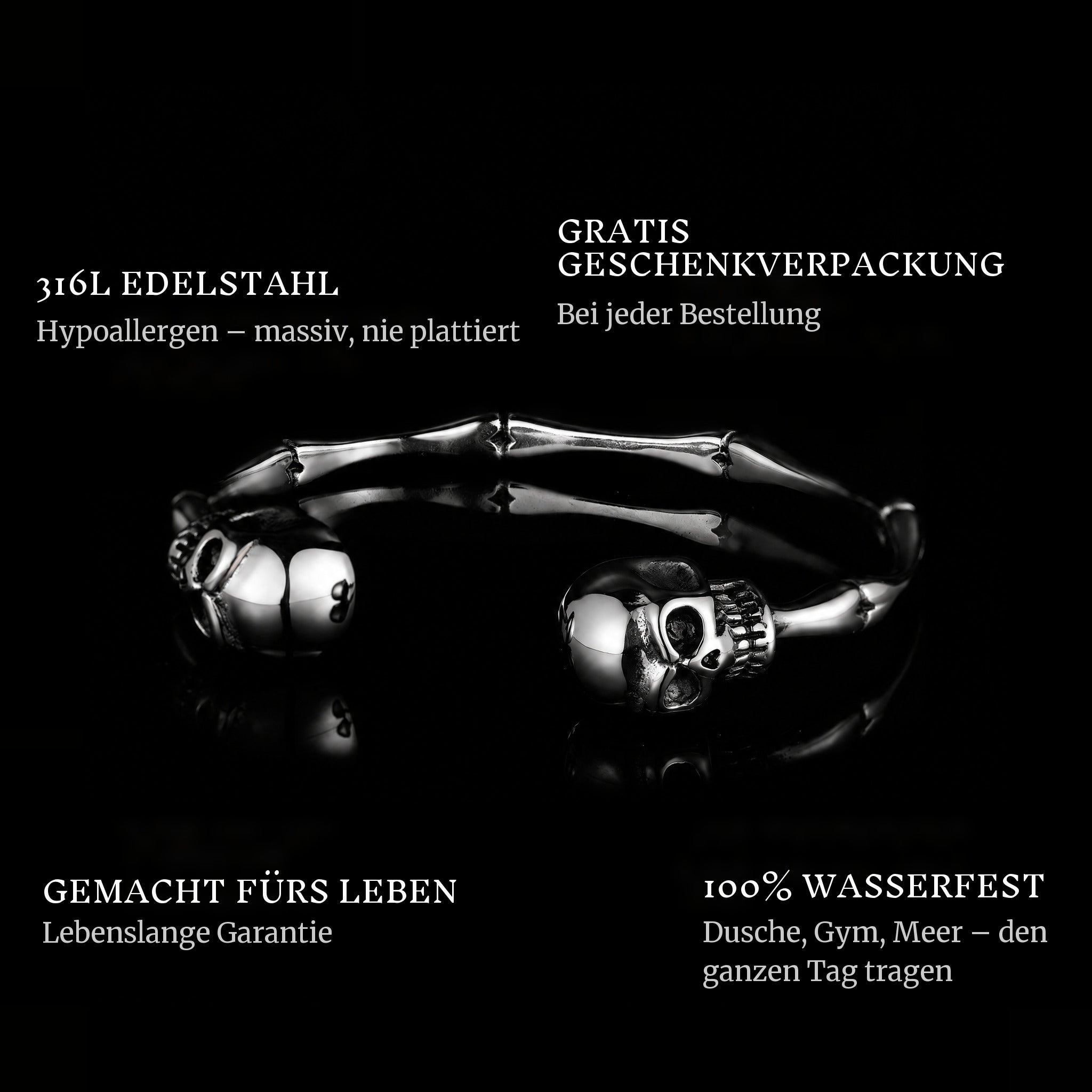 Skulled features: 316L stainless steel, free gift packaging, 100% waterproof, lifetime guarantee