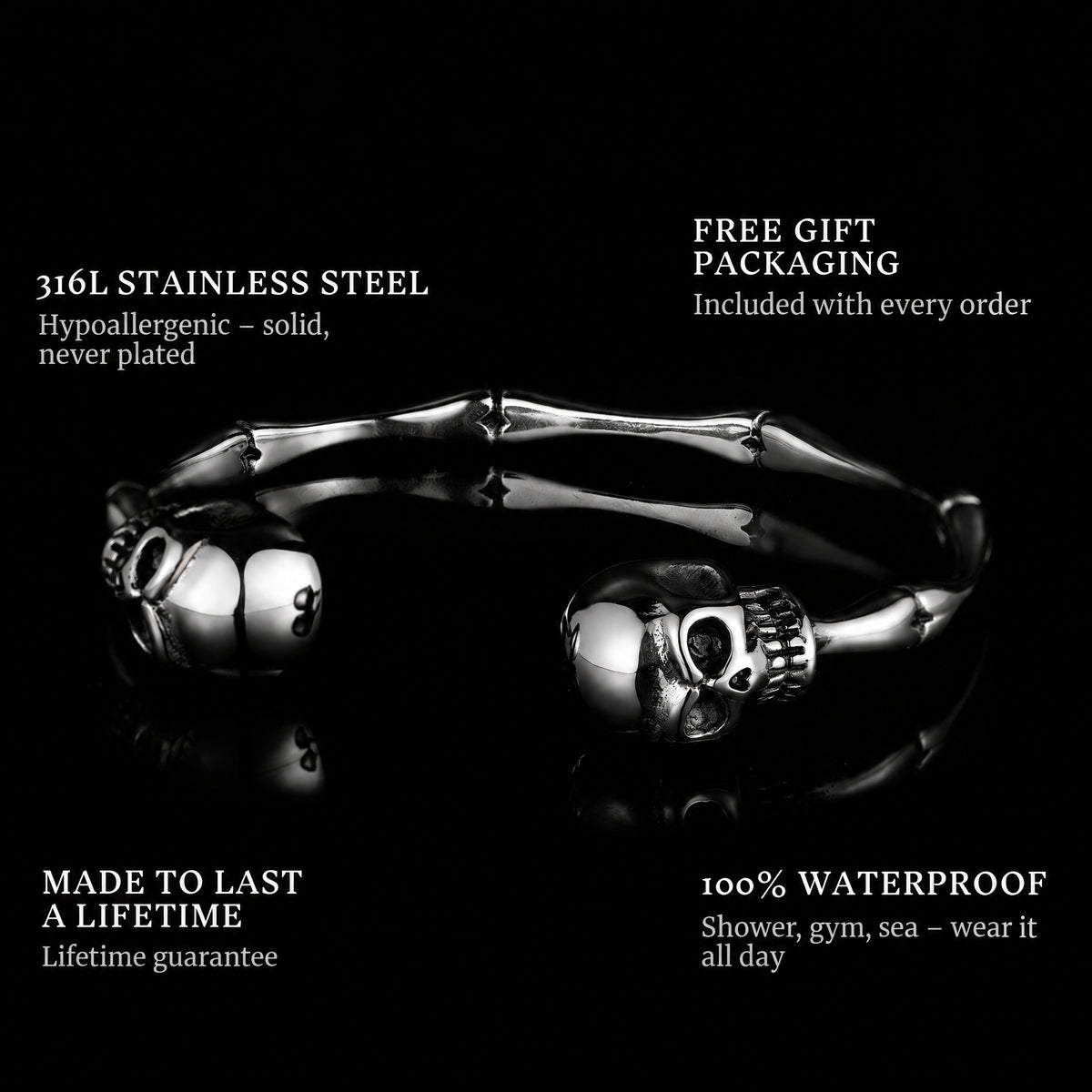Skulled features: 316L stainless steel, free gift packaging, 100% waterproof, lifetime guarantee