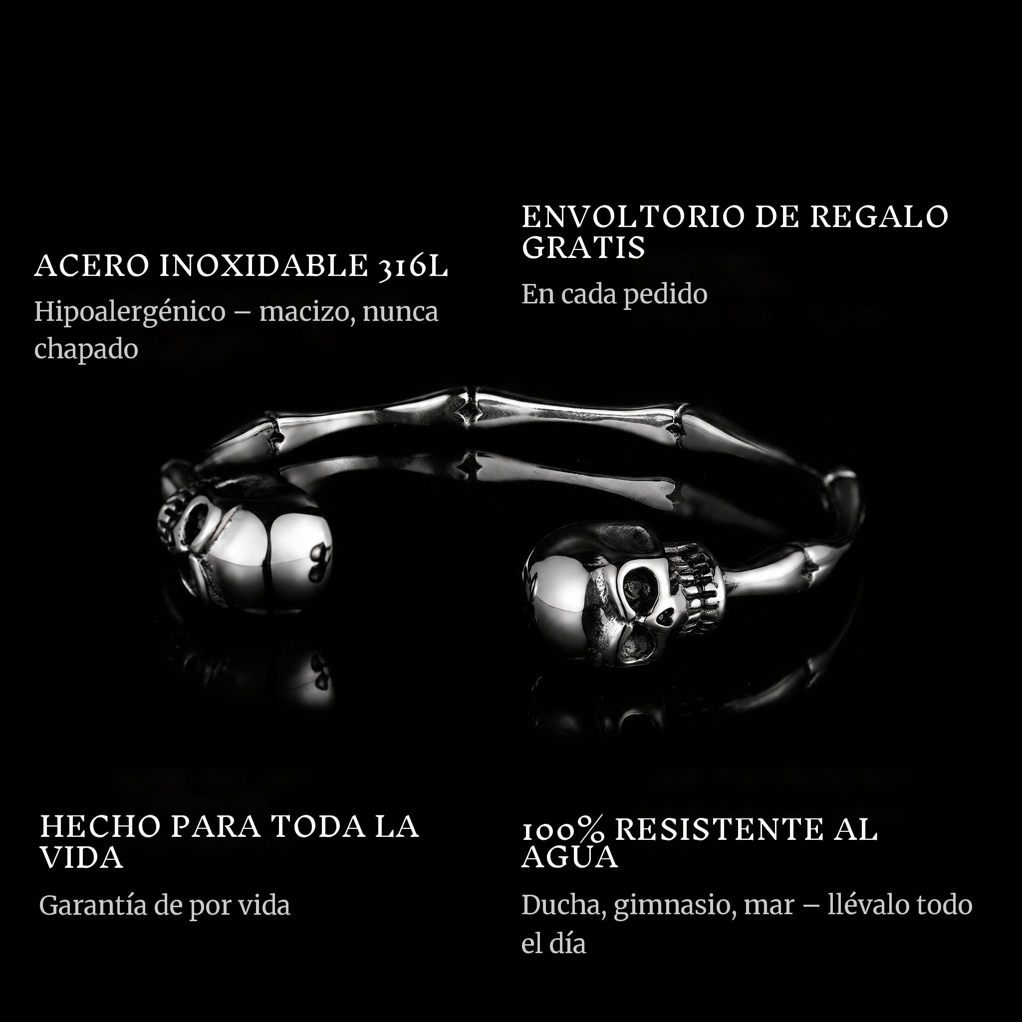 Skulled features: 316L stainless steel, free gift packaging, 100% waterproof, lifetime guarantee